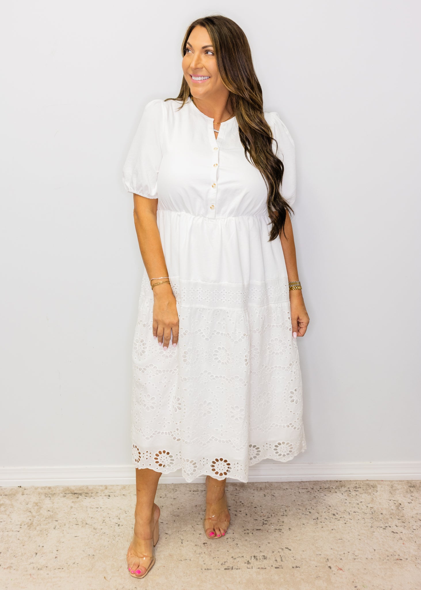 White Eyelet Elastic Waist Midi Dress