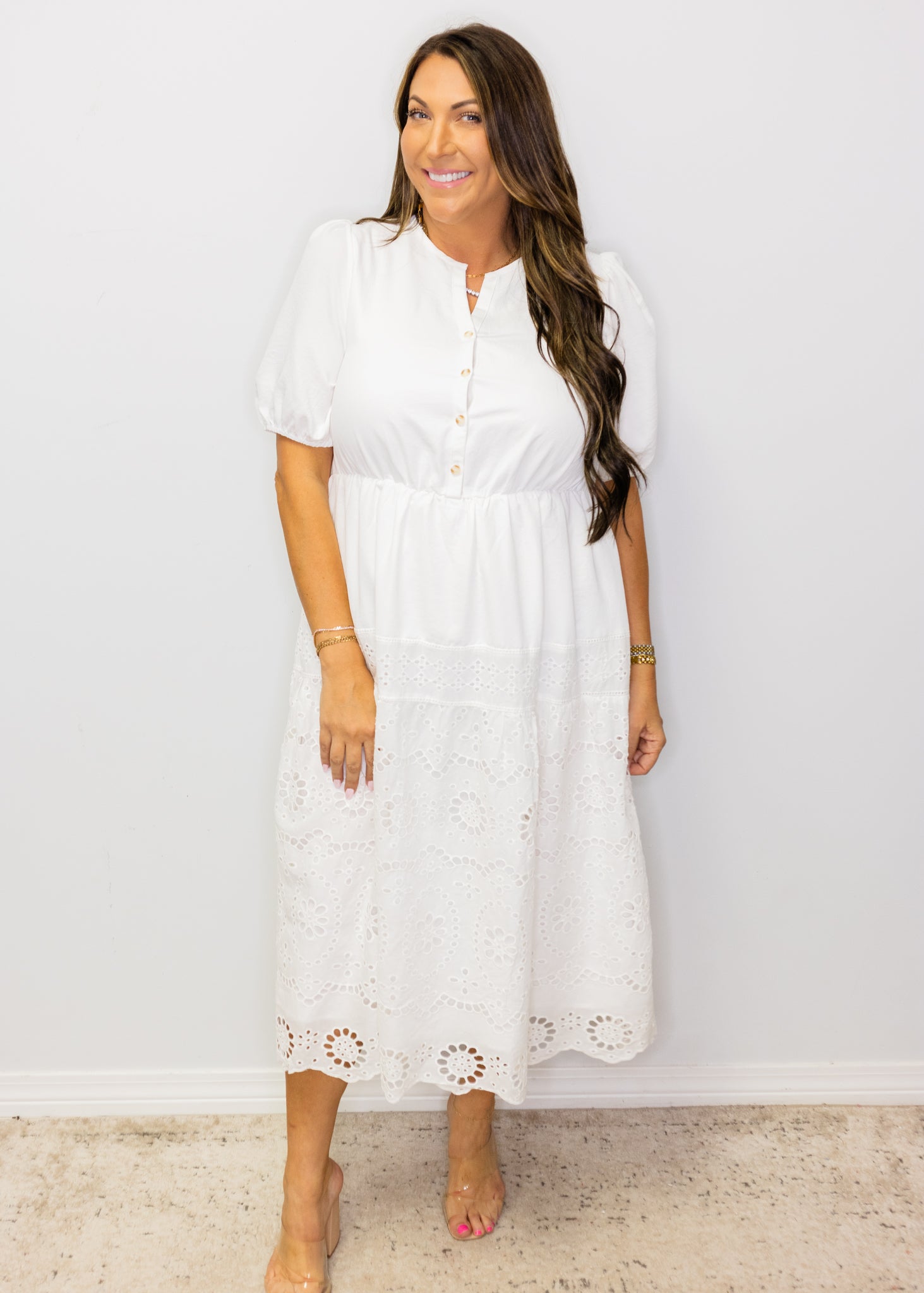 White Eyelet Elastic Waist Midi Dress