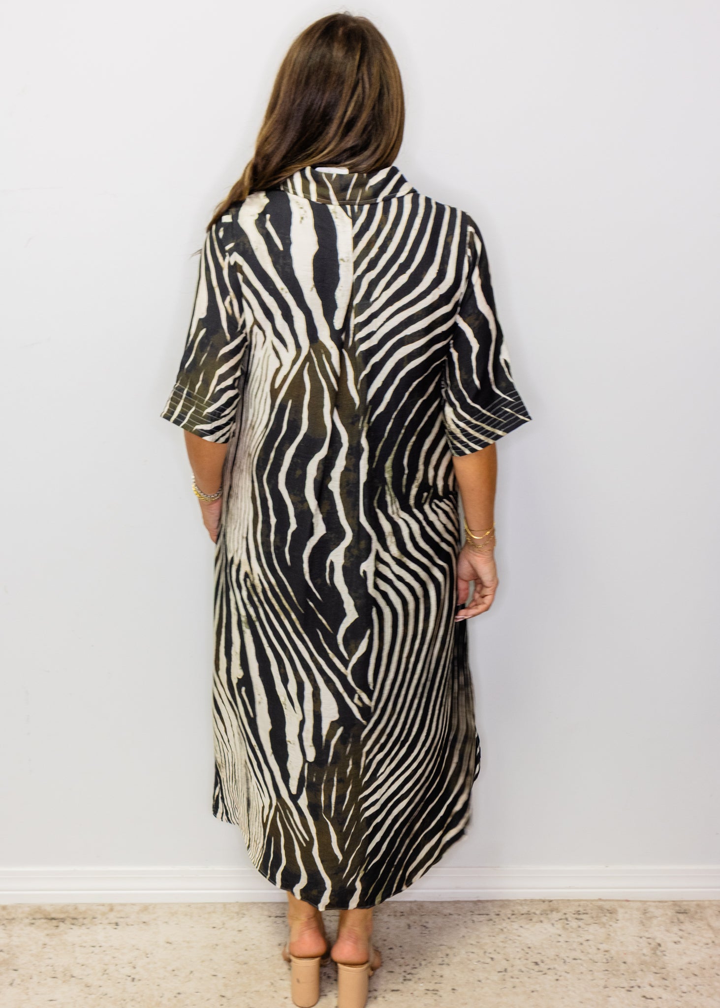 Black Zebra Print 3/4 Sleeve Midi Dress