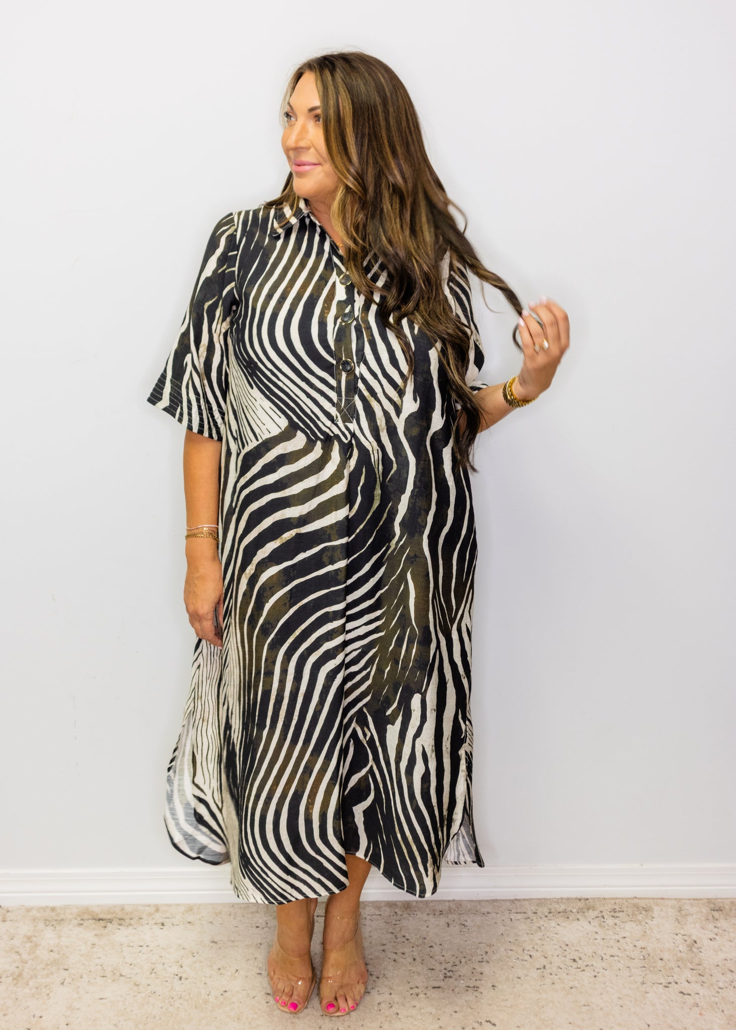 Black Zebra Print 3/4 Sleeve Midi Dress