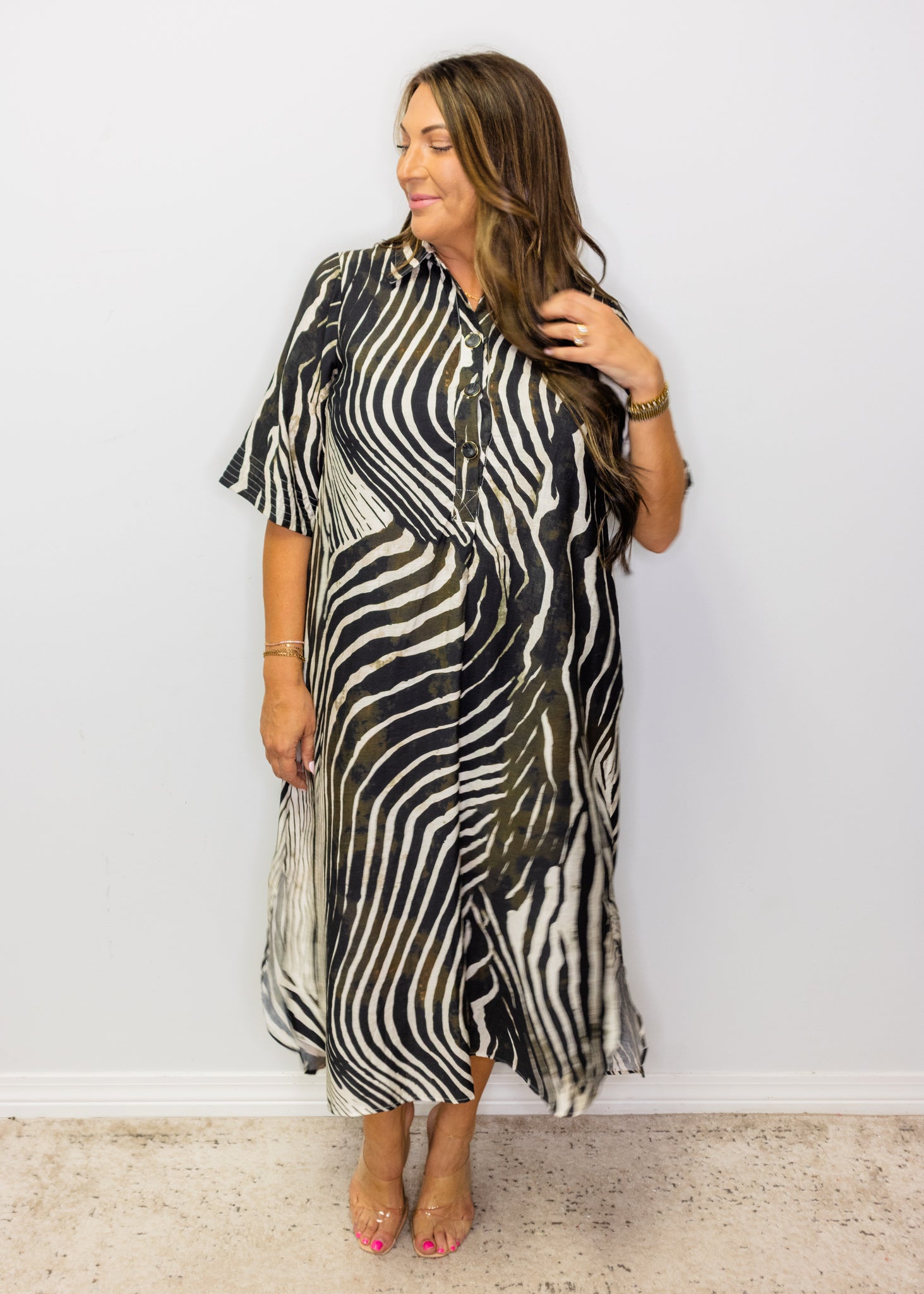 Black Zebra Print 3/4 Sleeve Midi Dress