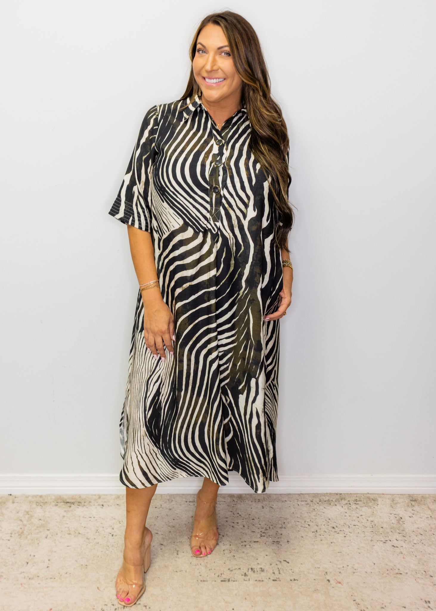 Black Zebra Print 3/4 Sleeve Midi Dress