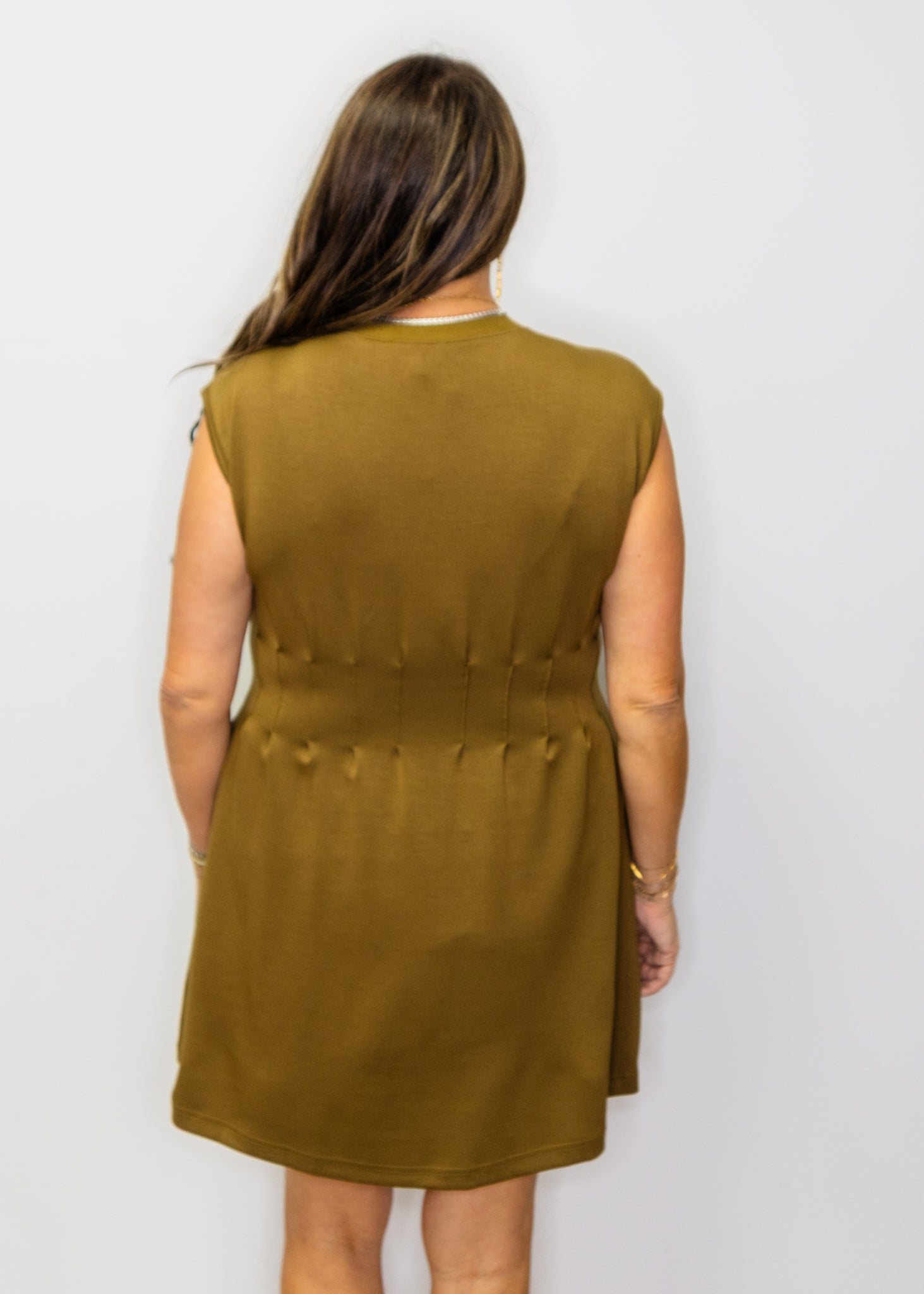 Olive Solid Vertical Pintuck Dress