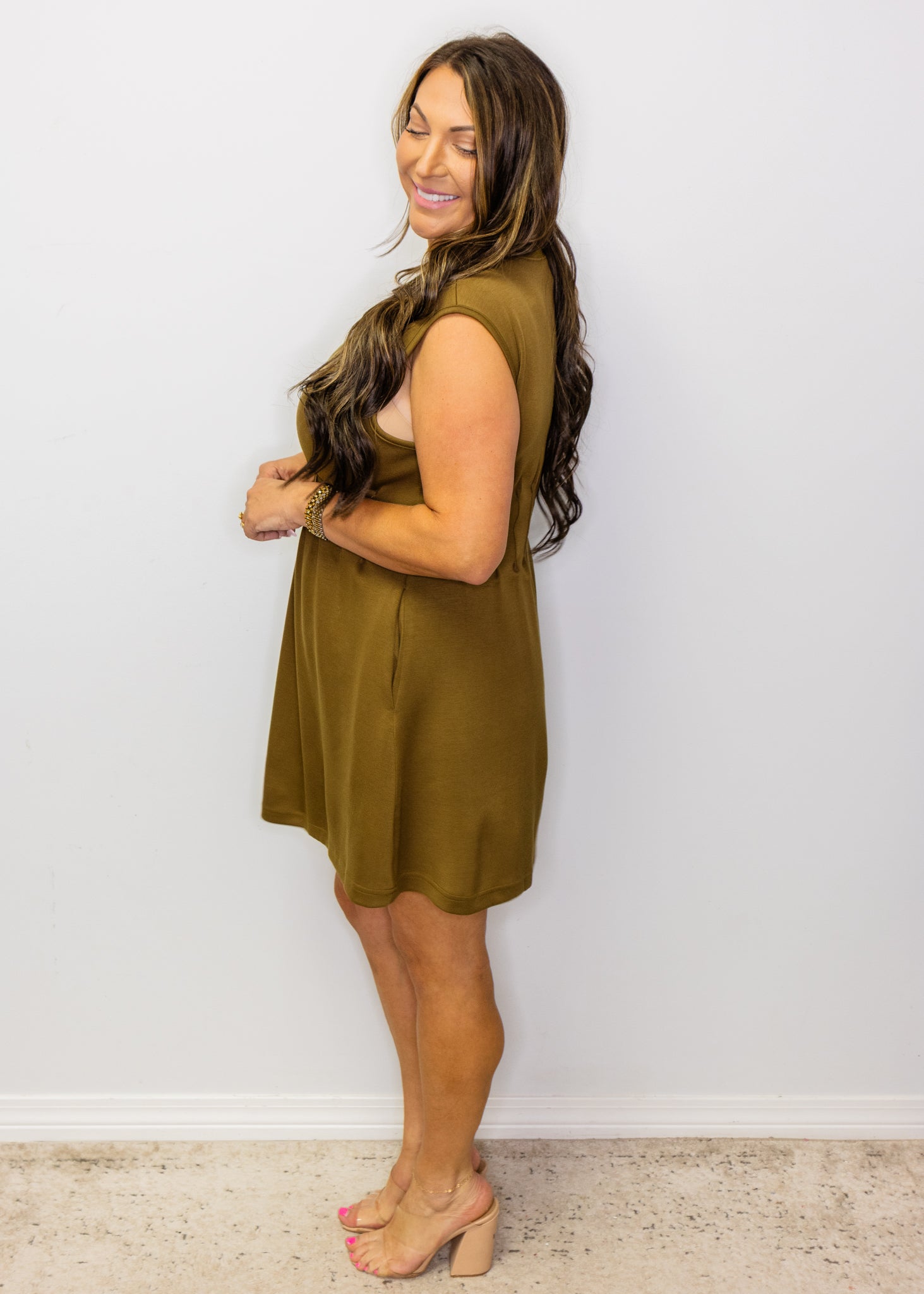 Olive Solid Vertical Pintuck Dress