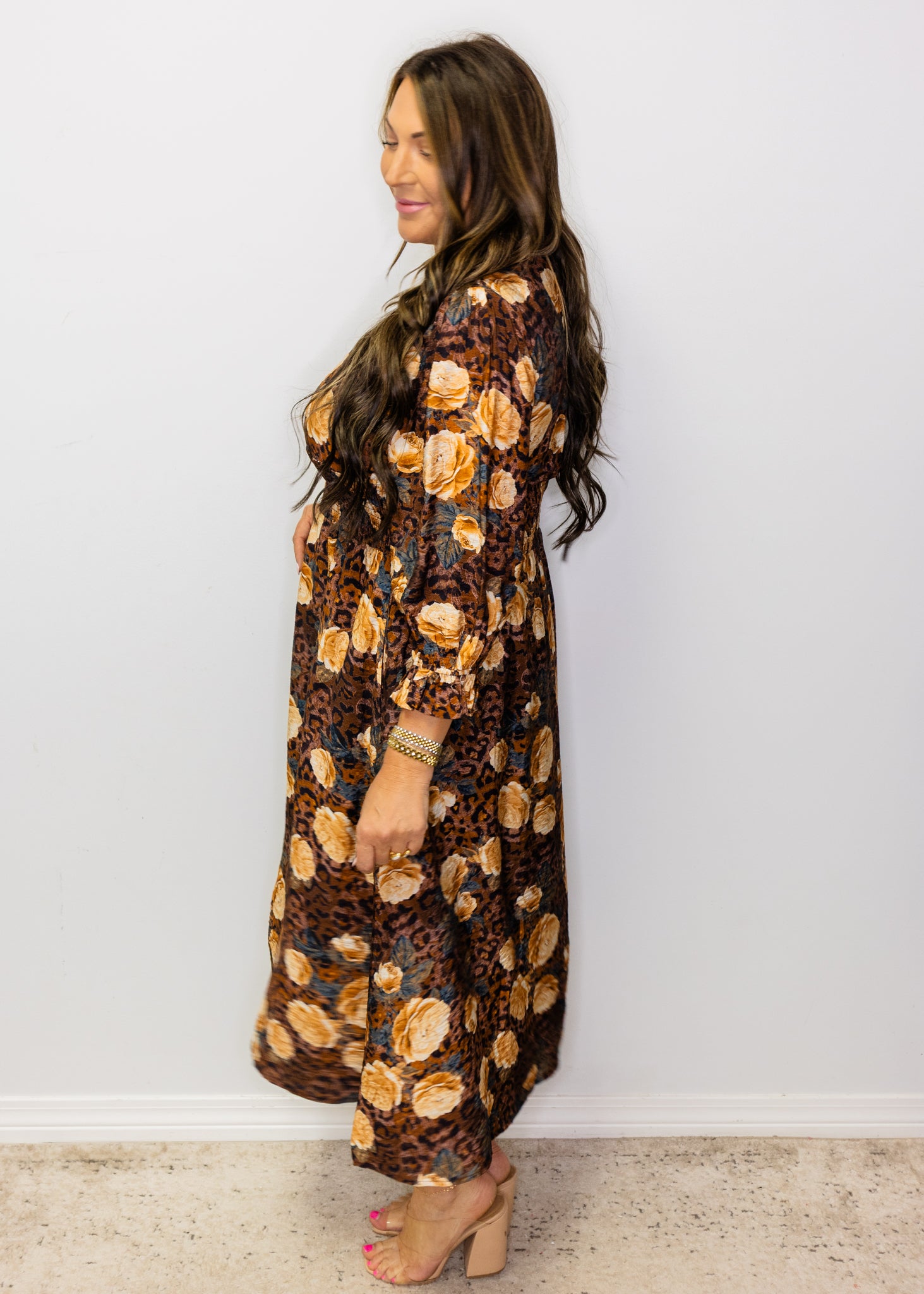 Brown Leopard Floral Mid Dress
