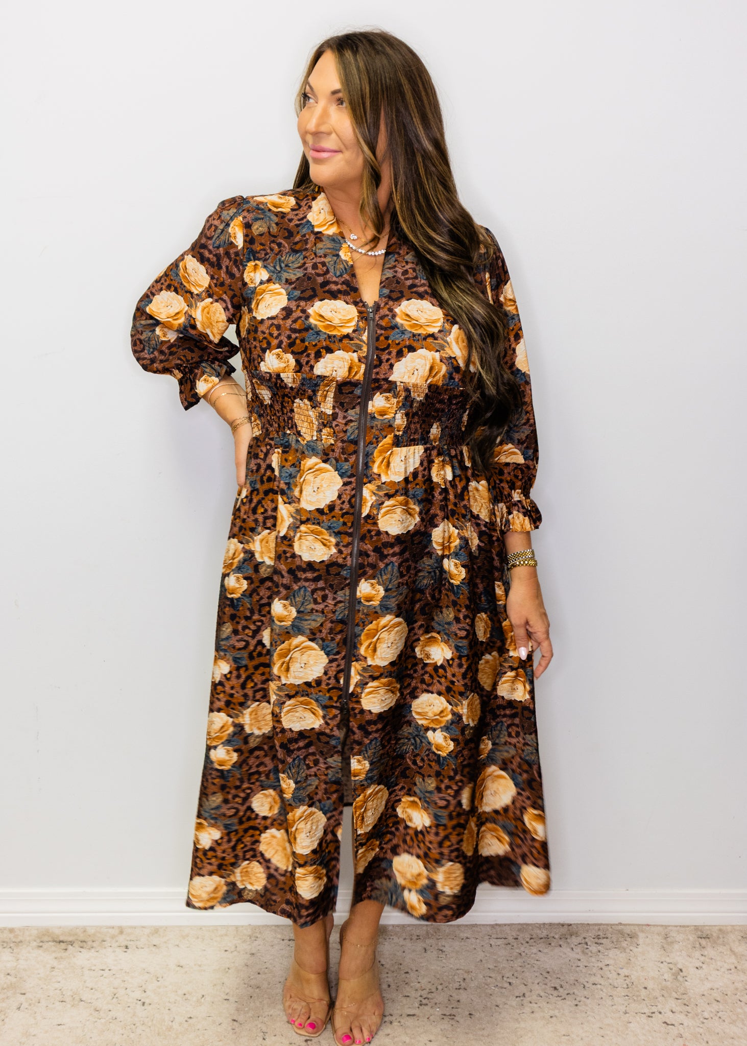 Brown Leopard Floral Mid Dress
