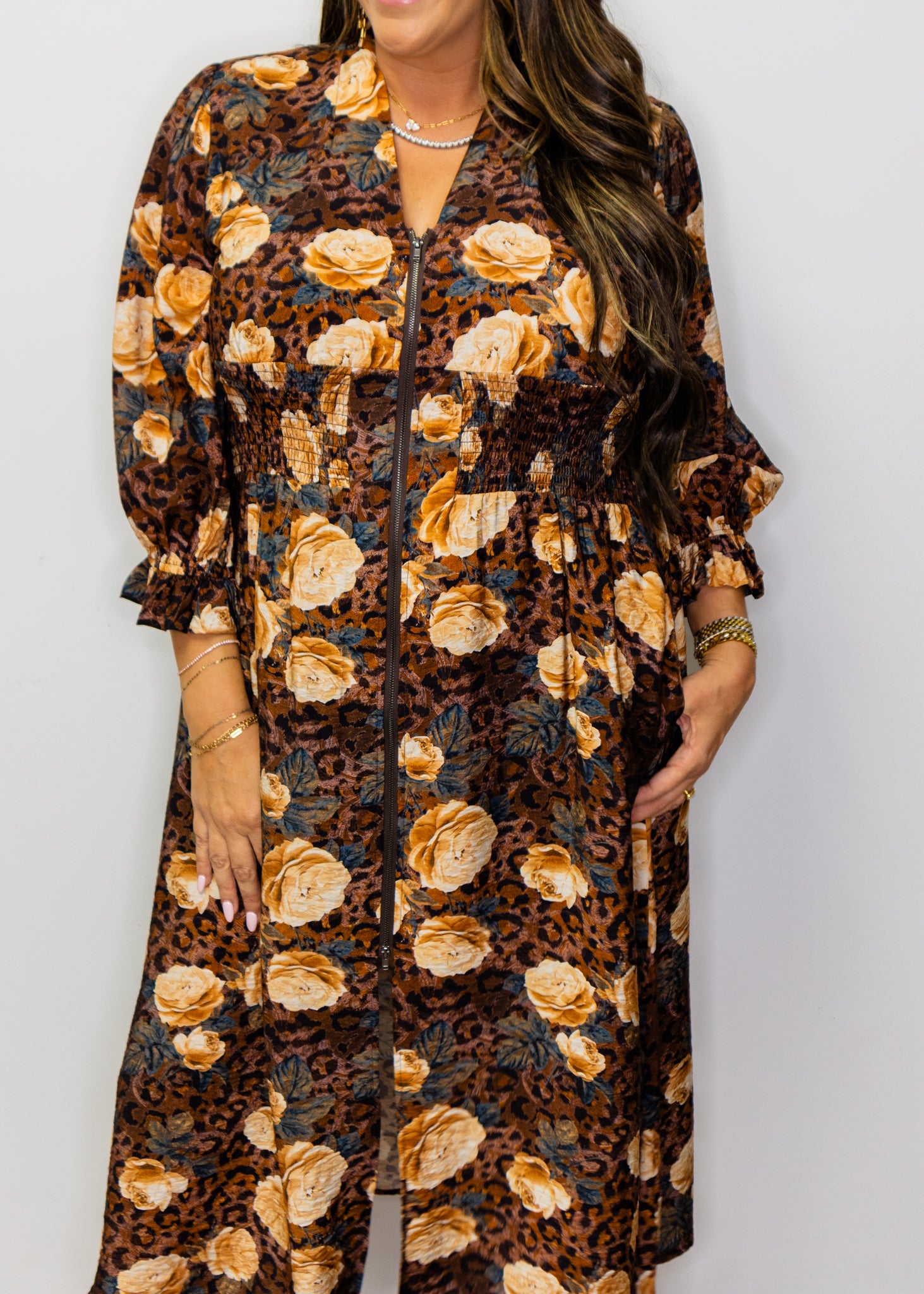 Brown Leopard Floral Mid Dress
