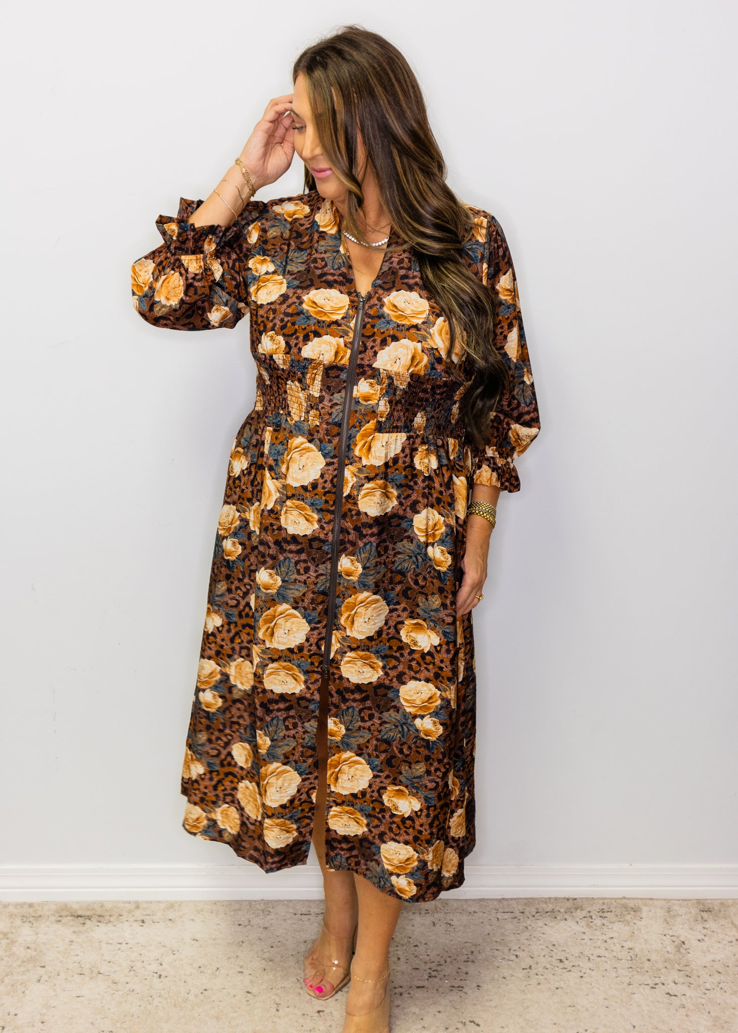 Brown Leopard Floral Mid Dress