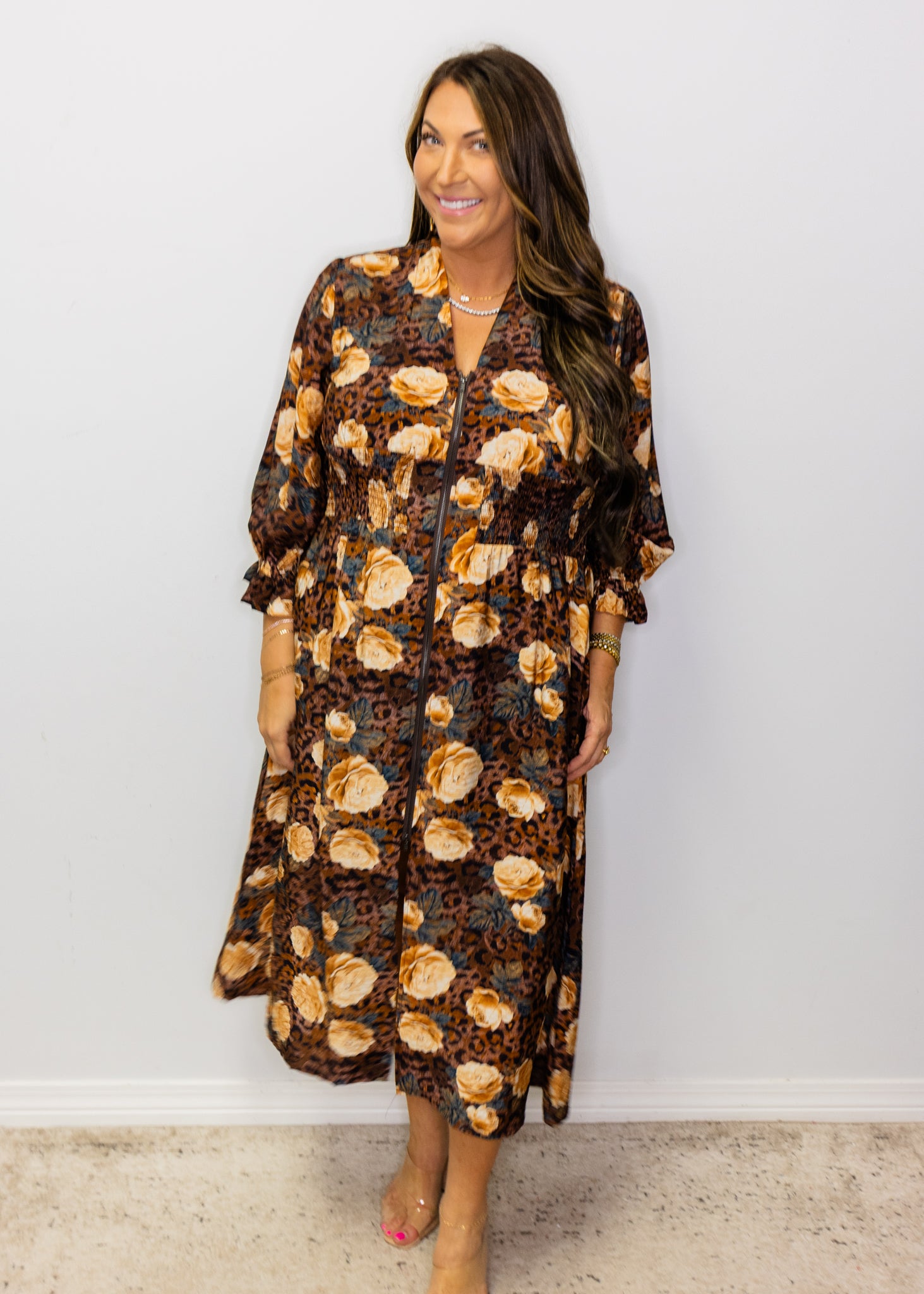 Brown Leopard Floral Mid Dress