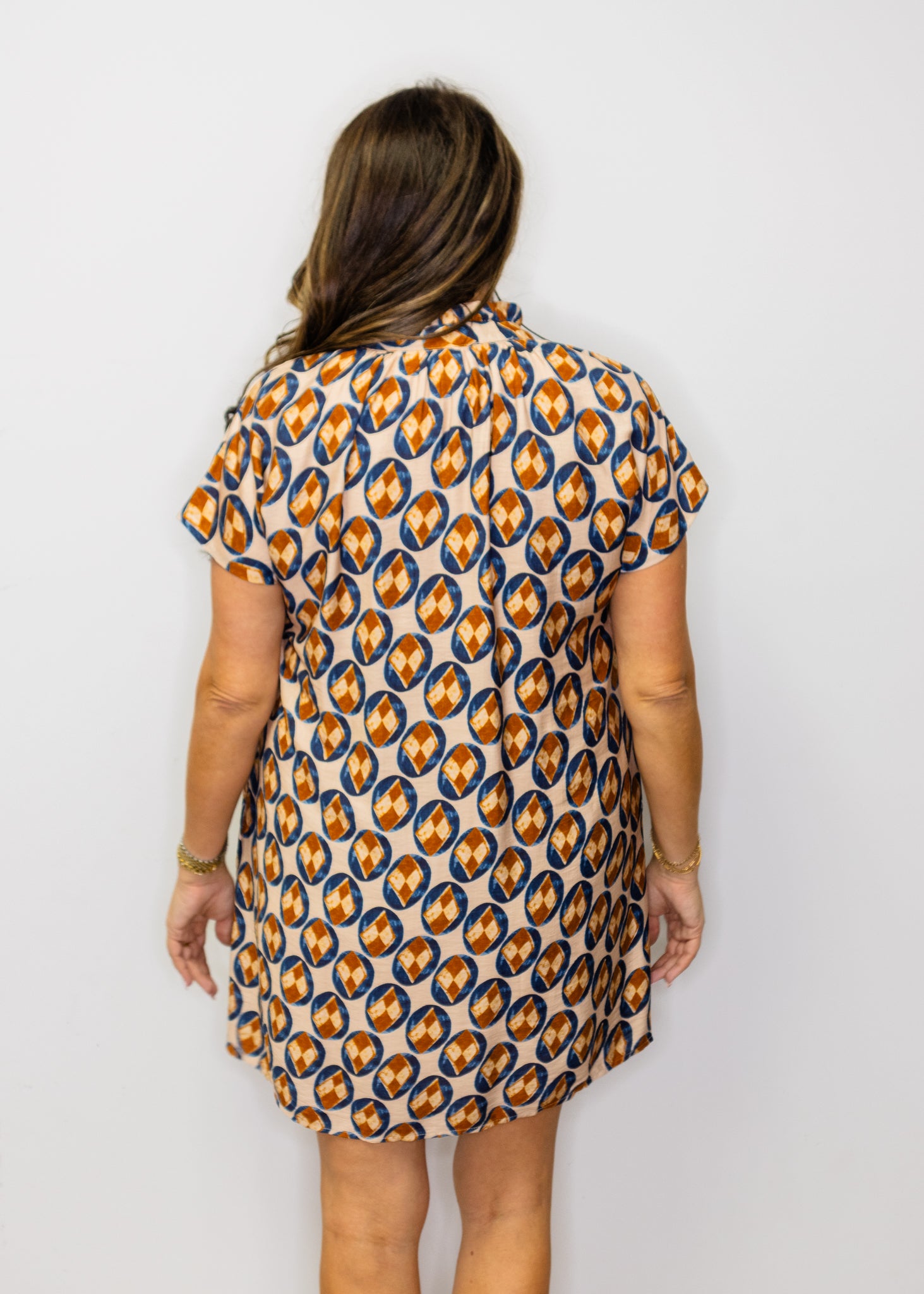 Taupe & Navy Geo Print Button Dress