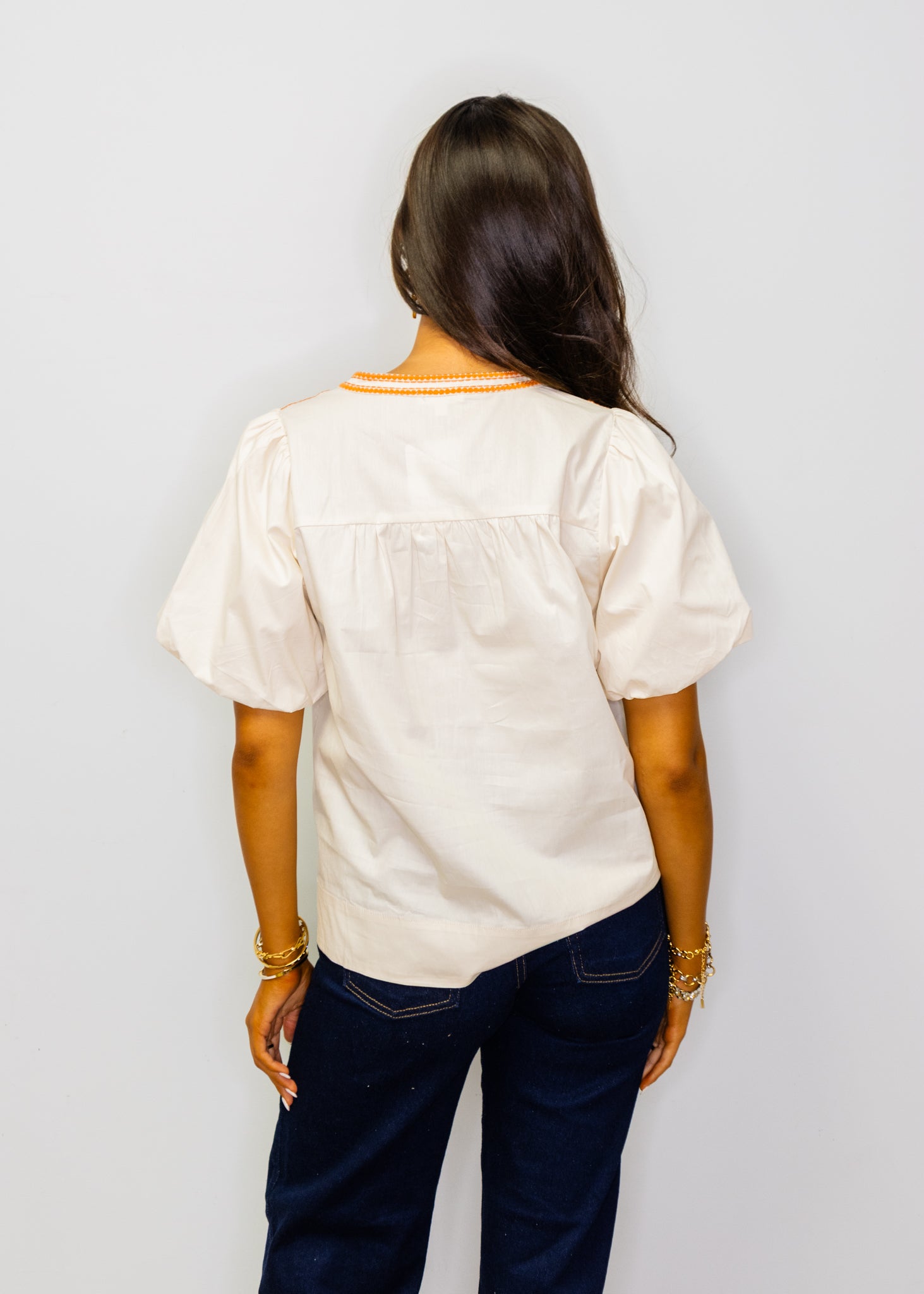 Cream Puff Sleeves Embroidered Woven Top