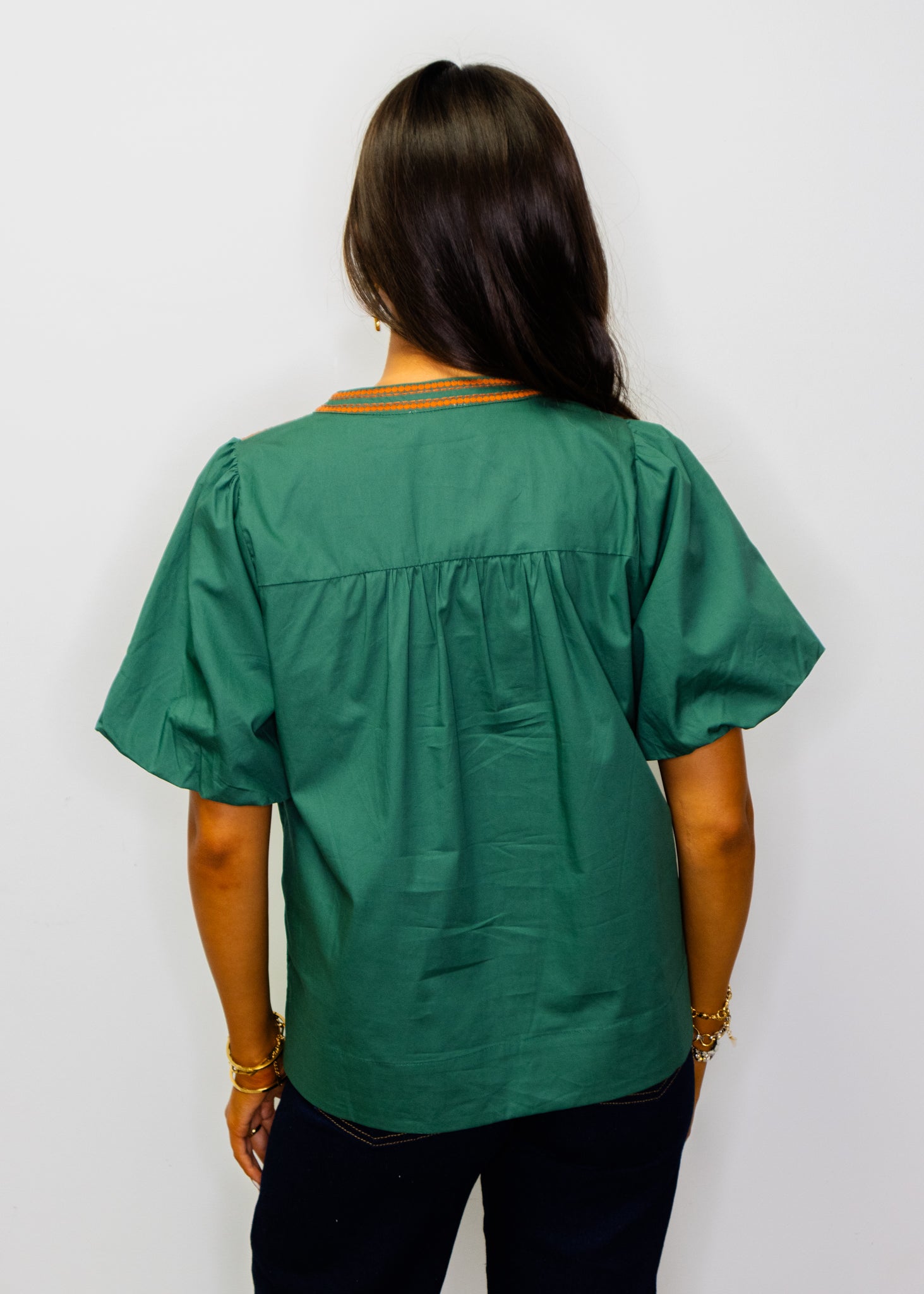 Hunter Green Puff Sleeves Embroidered Woven Top
