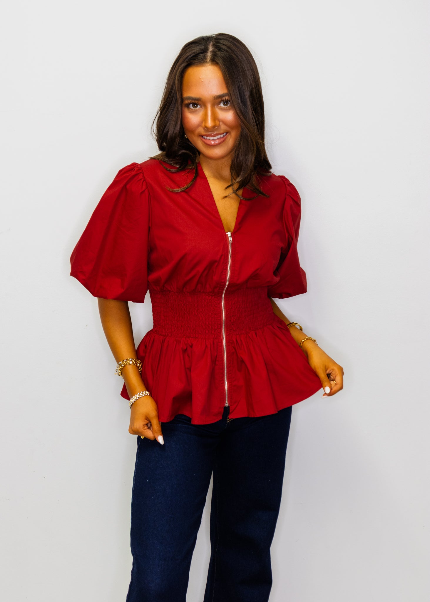 Garnet Smocked Waist Zipper Top