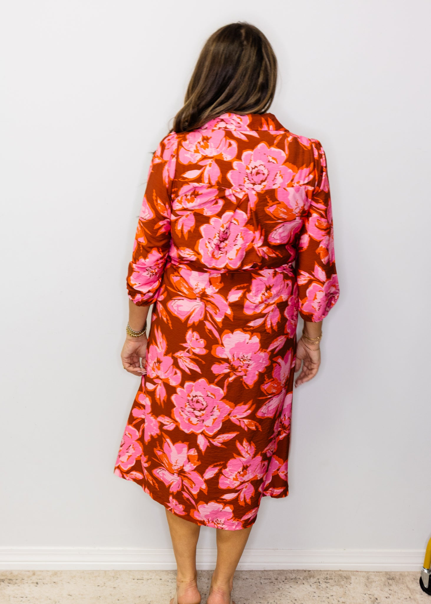 Burgundy Floral Print Belted Midi Dress