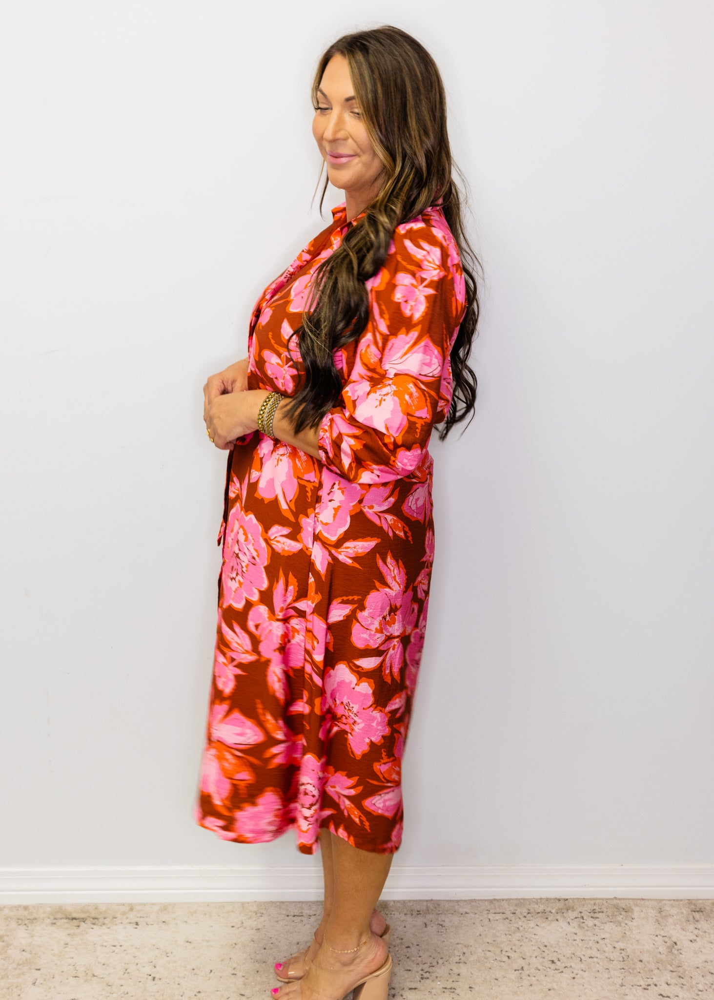 Burgundy Floral Print Belted Midi Dress