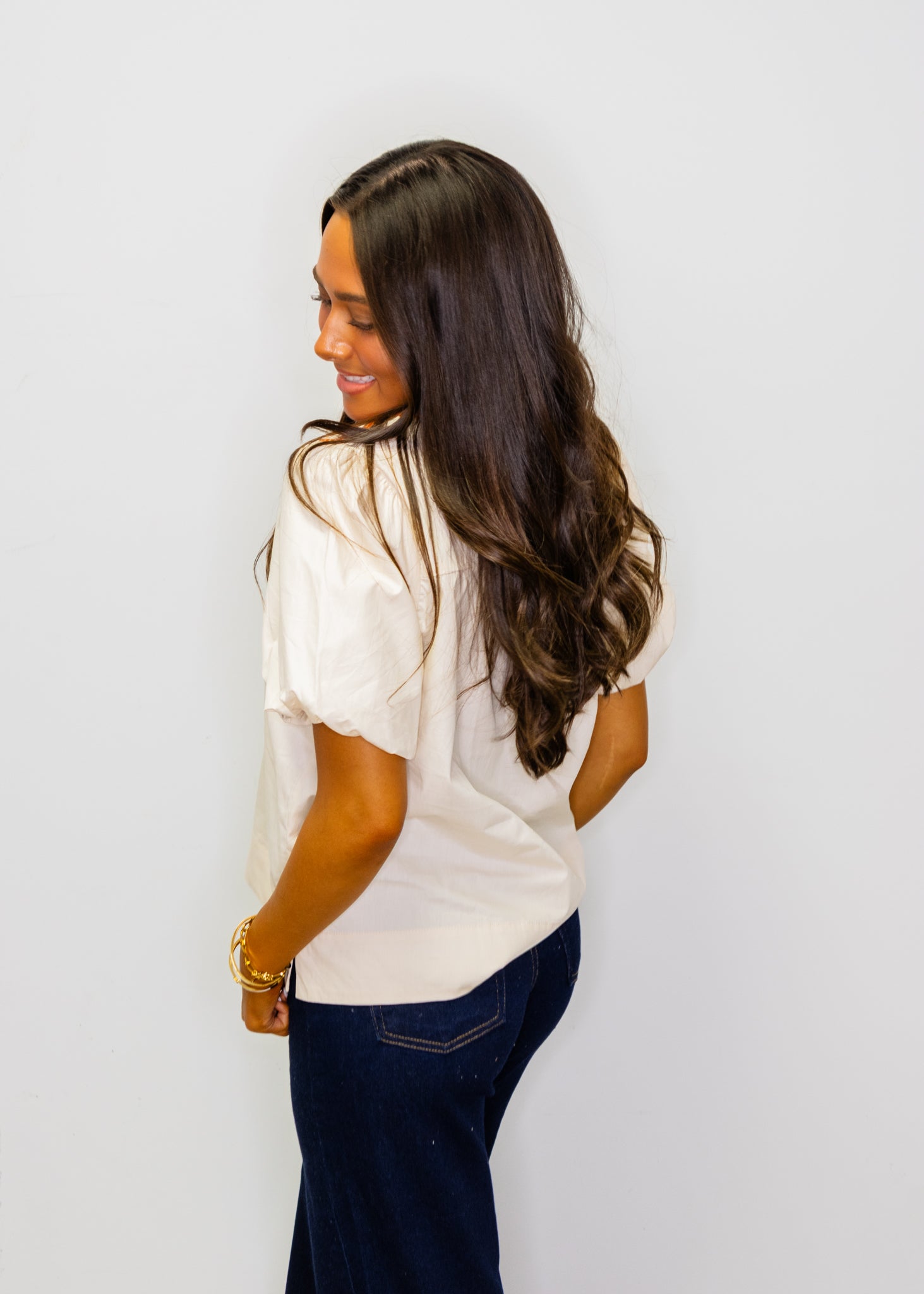 Cream Puff Sleeves Embroidered Woven Top