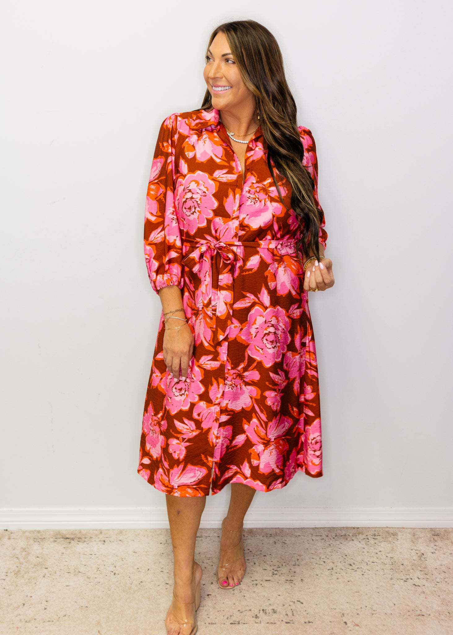 Burgundy Floral Print Belted Midi Dress