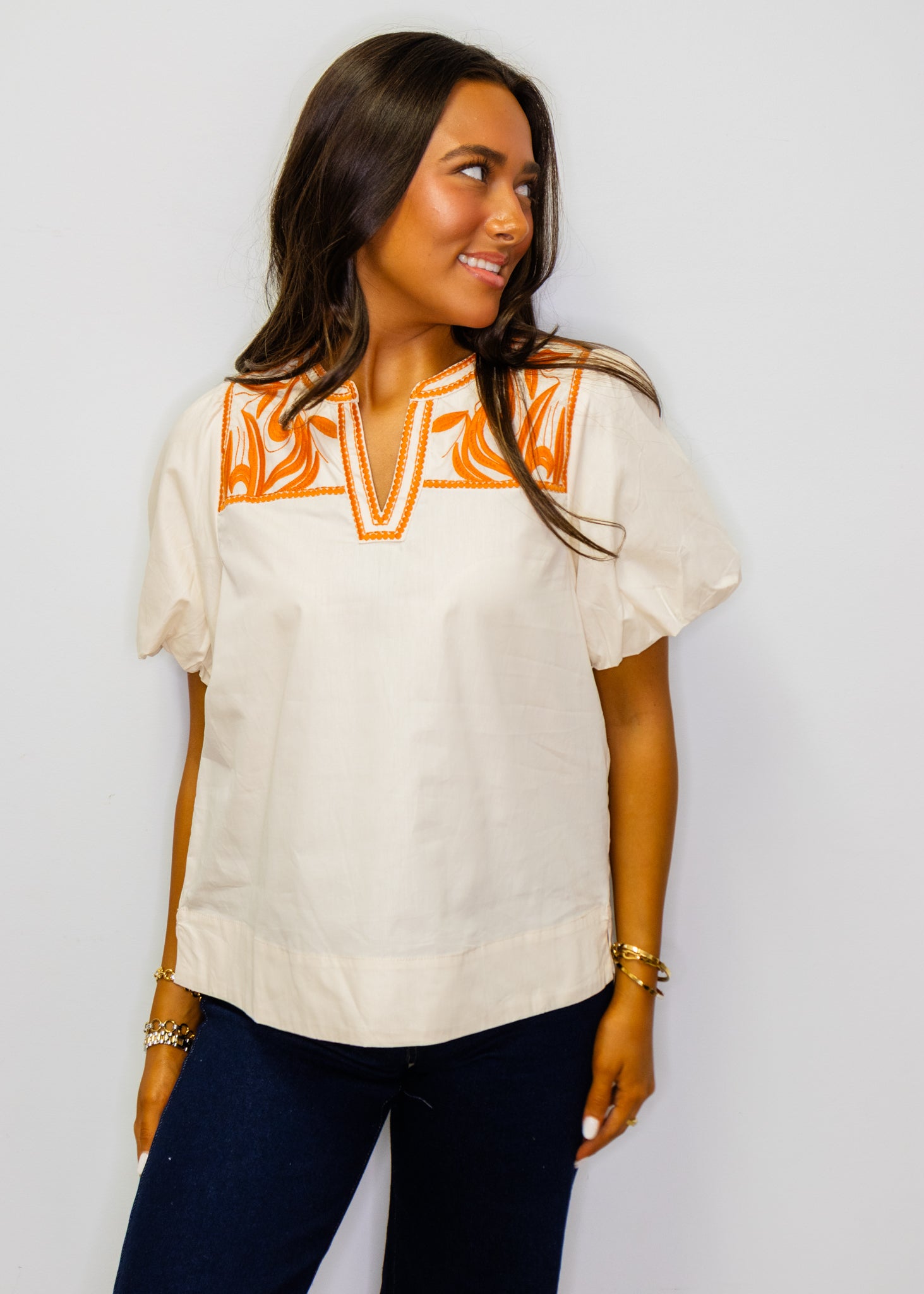 Cream Puff Sleeves Embroidered Woven Top