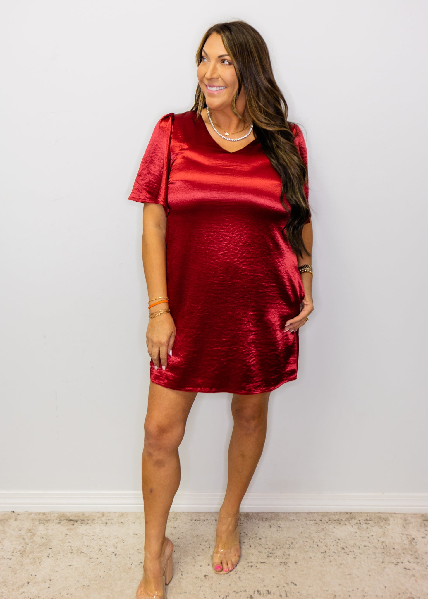 Wine Flutter Sleeve Satin Dress