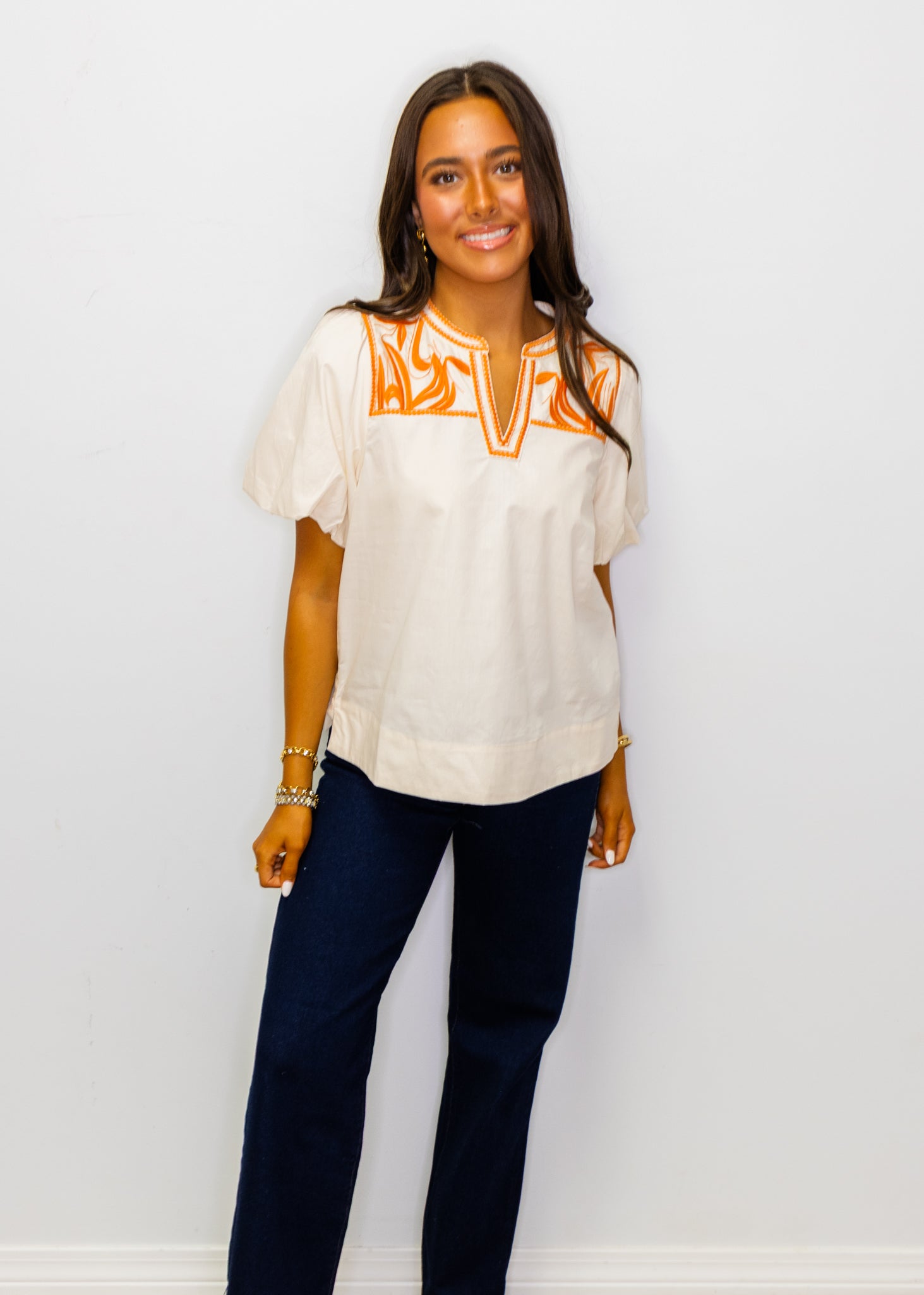 Cream Puff Sleeves Embroidered Woven Top
