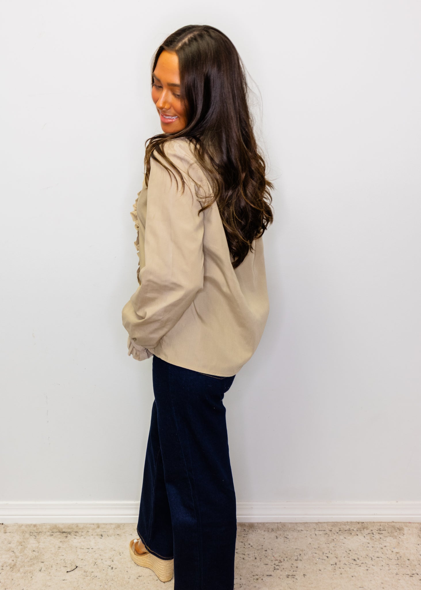 Beige Ruffle Button Up Top