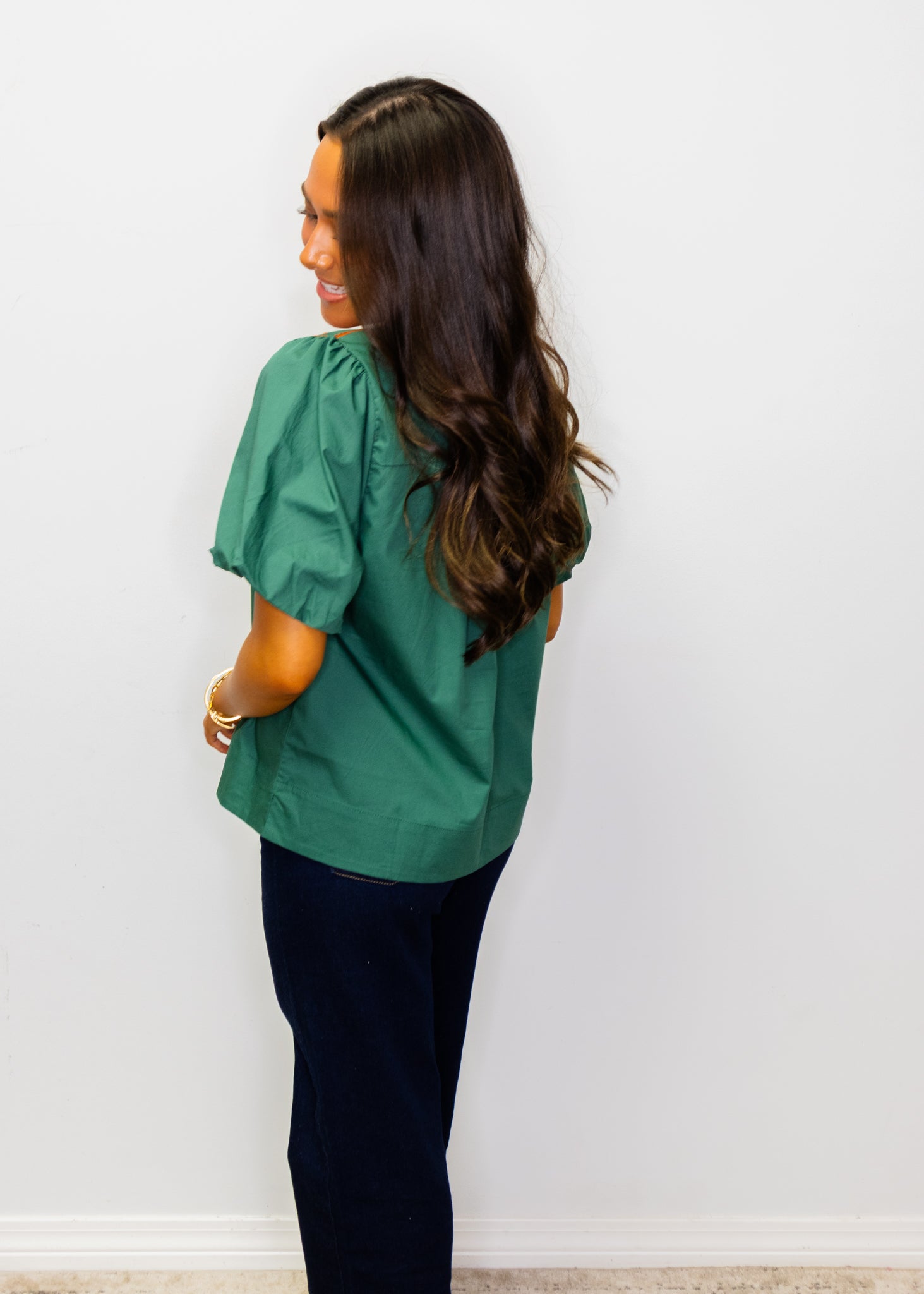 Hunter Green Puff Sleeves Embroidered Woven Top
