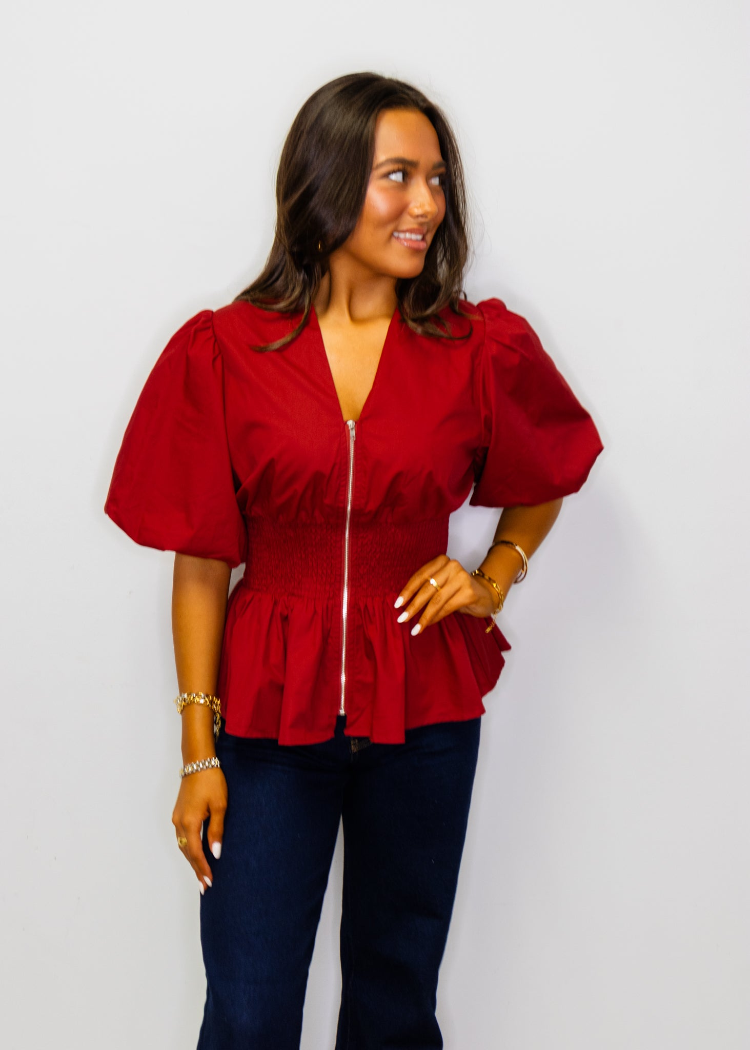 Garnet Smocked Waist Zipper Top