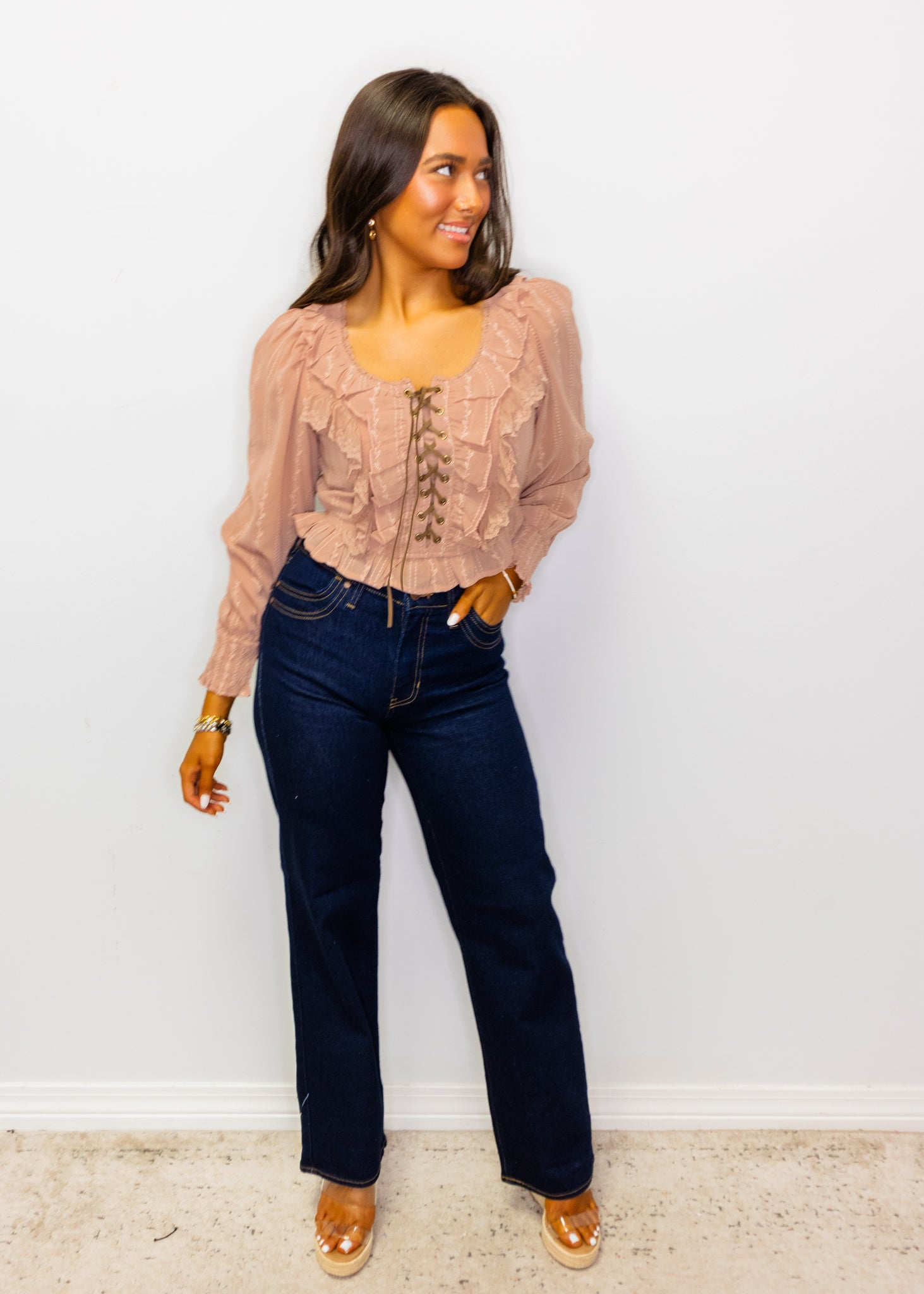 Blush Ruffle Lace Up Top