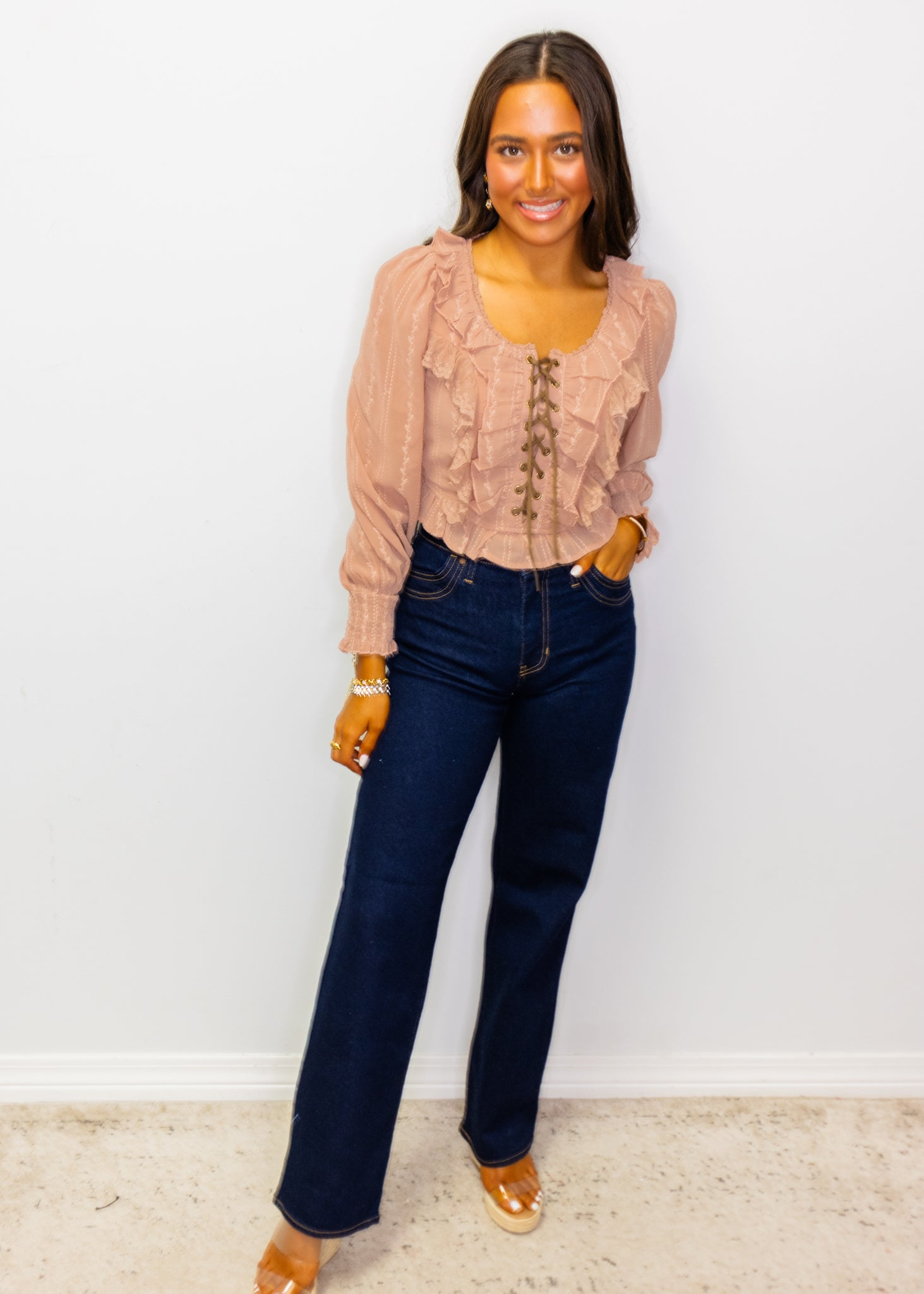 Blush Ruffle Lace Up Top