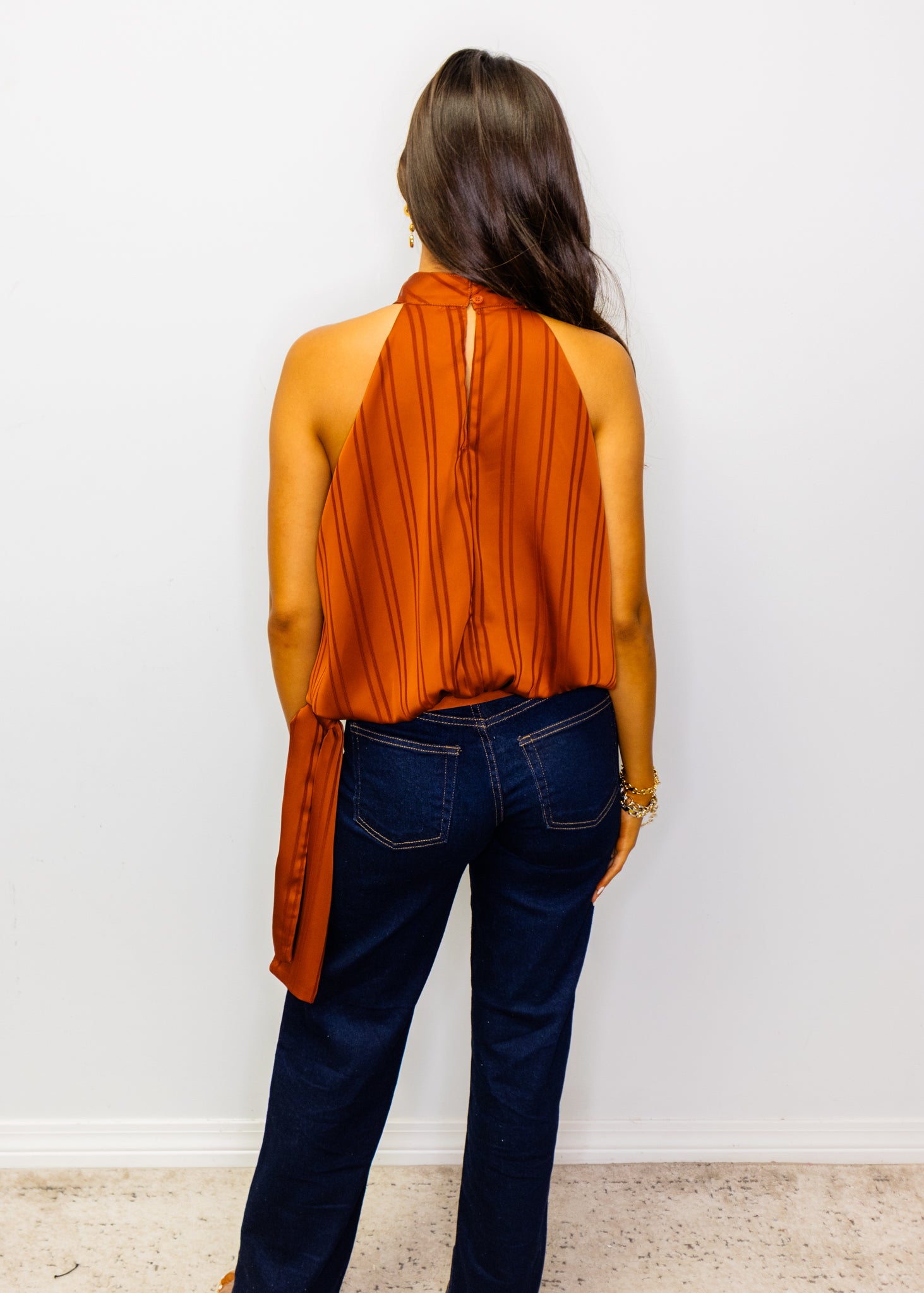 Rust Striped Silky Halter Top