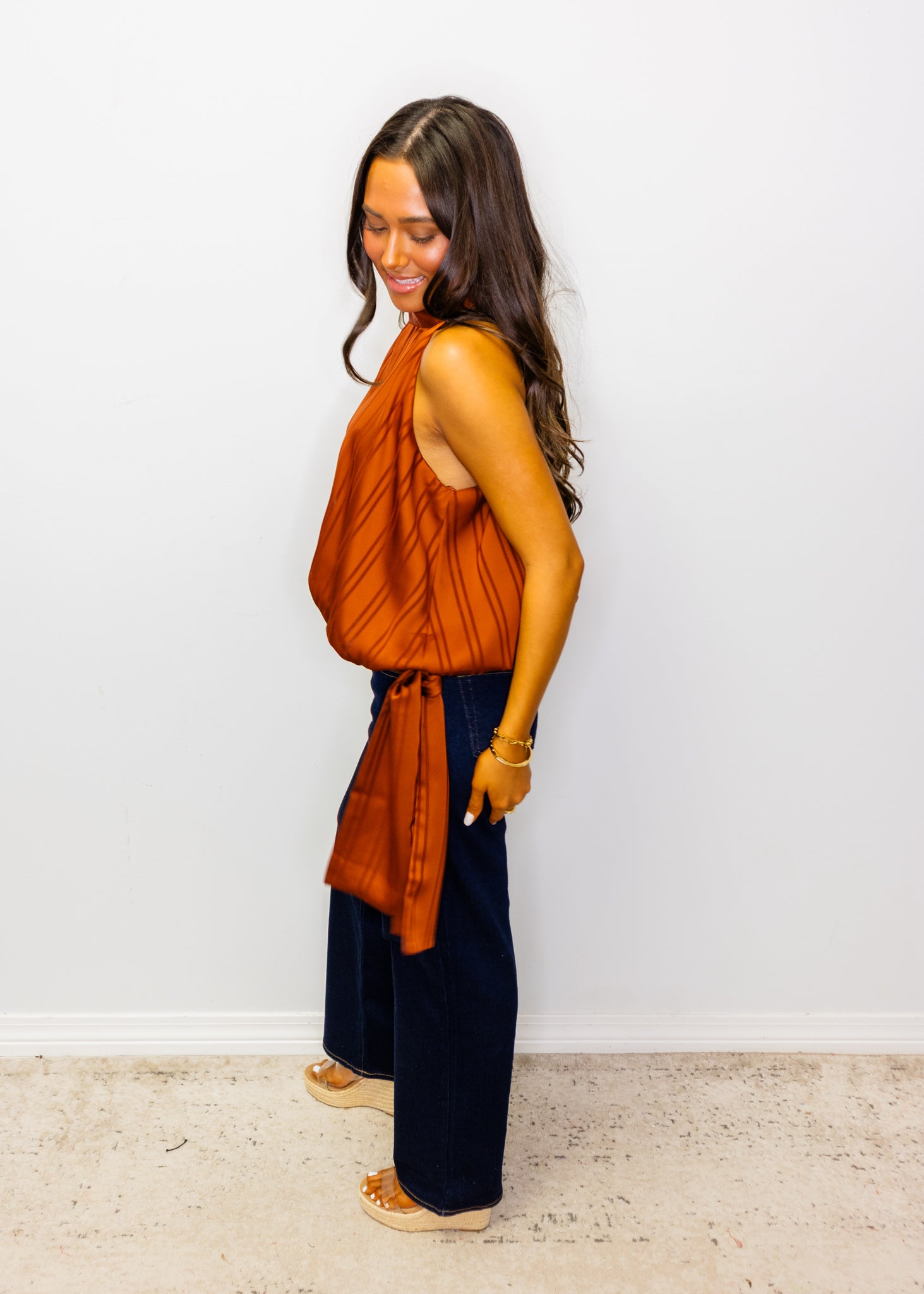 Rust Striped Silky Halter Top