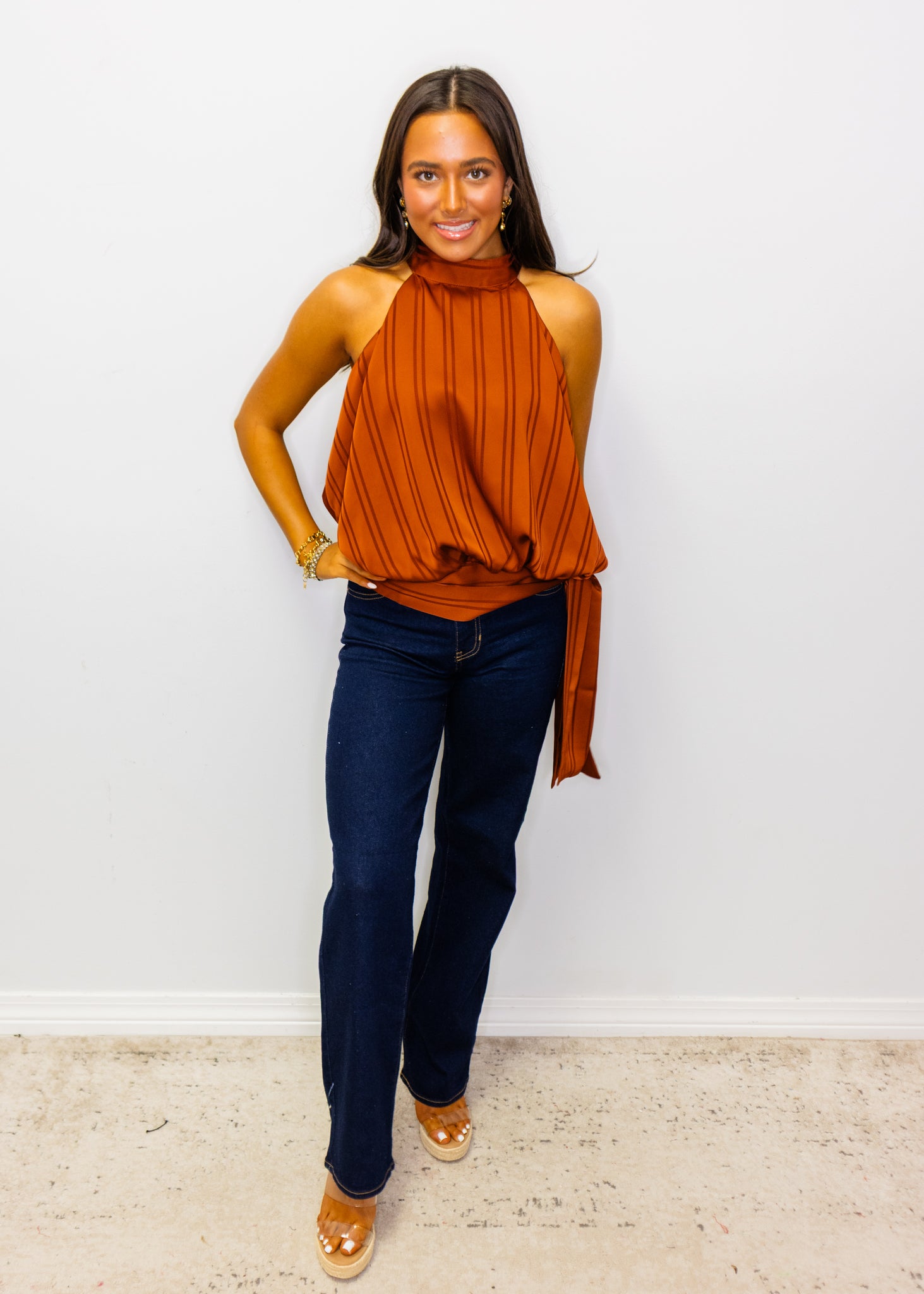 Rust Striped Silky Halter Top
