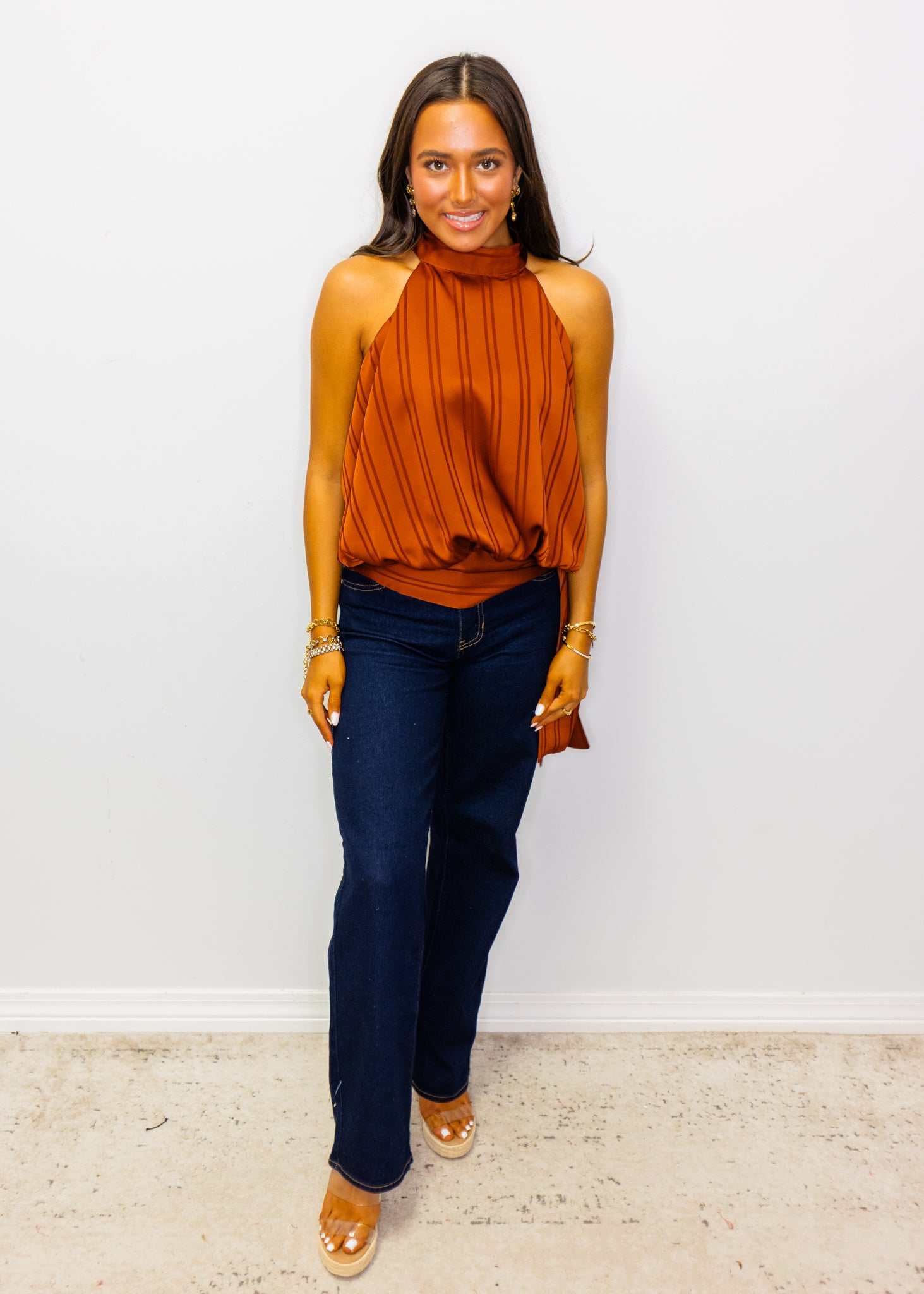 Rust Striped Silky Halter Top