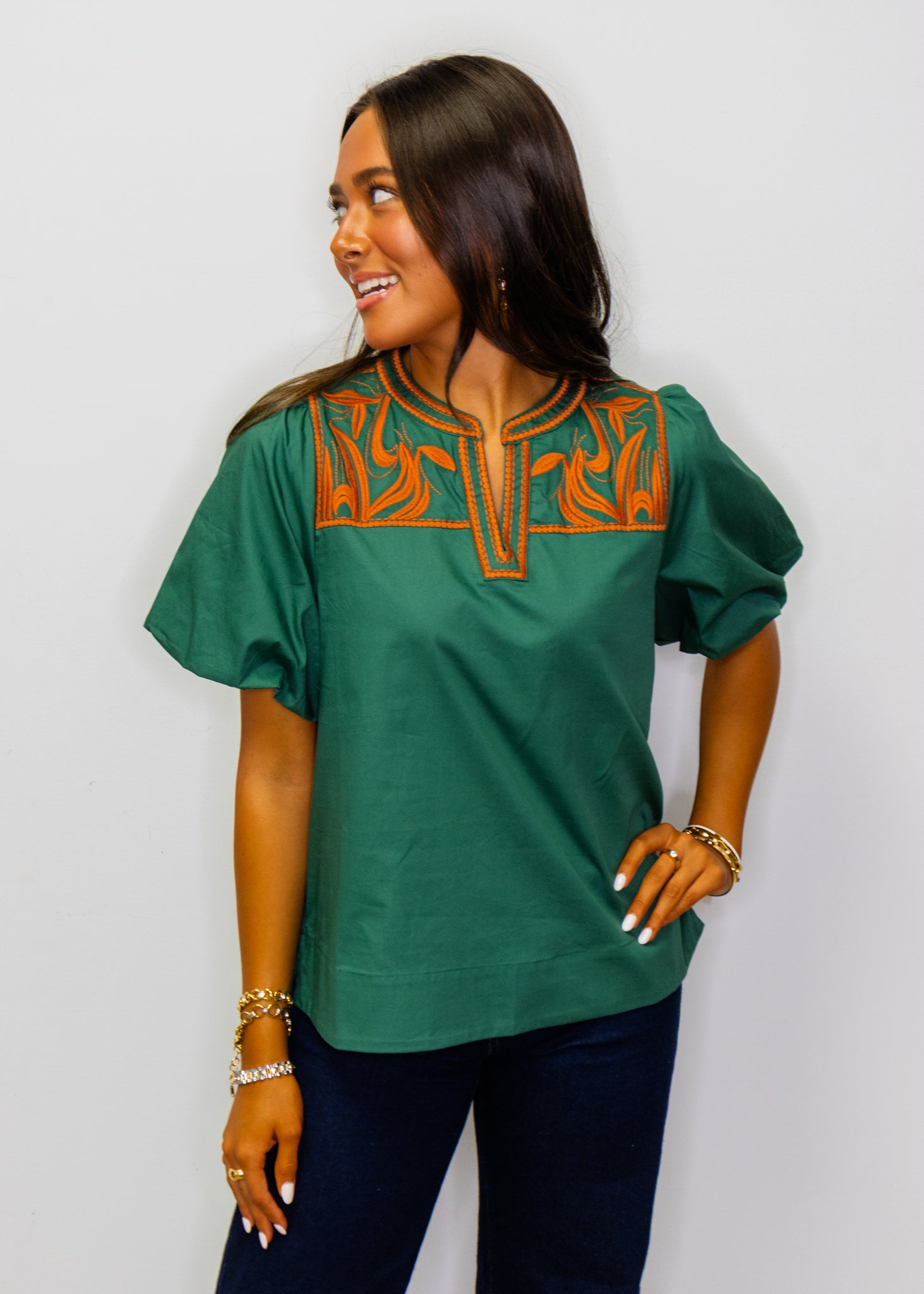 Hunter Green Puff Sleeves Embroidered Woven Top