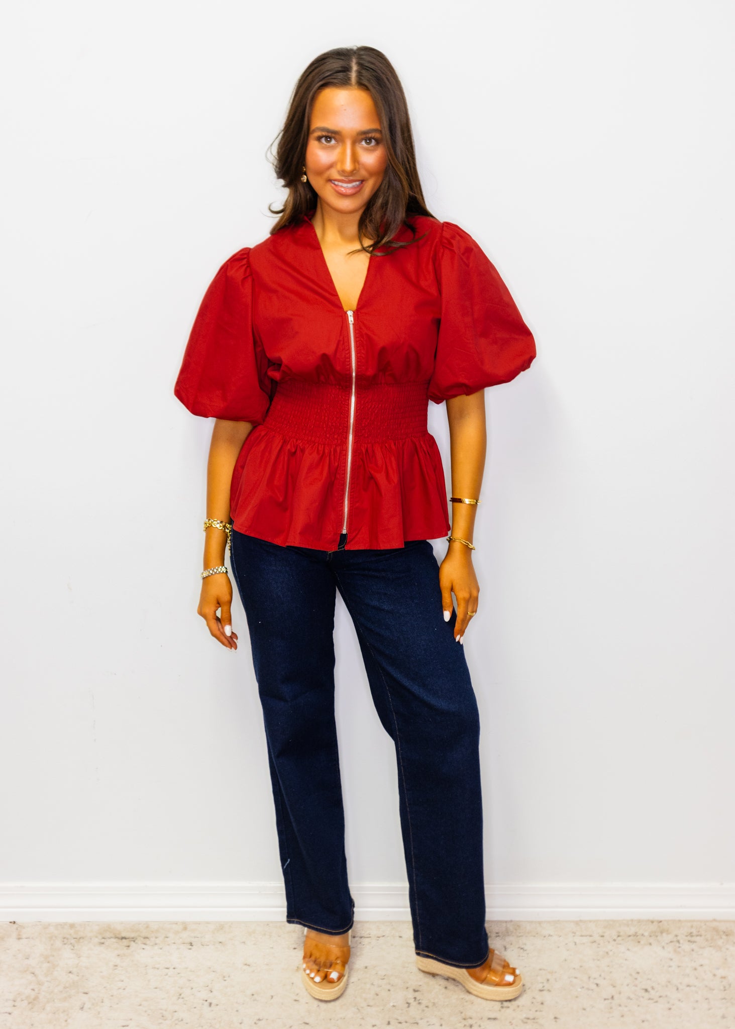 Garnet Smocked Waist Zipper Top