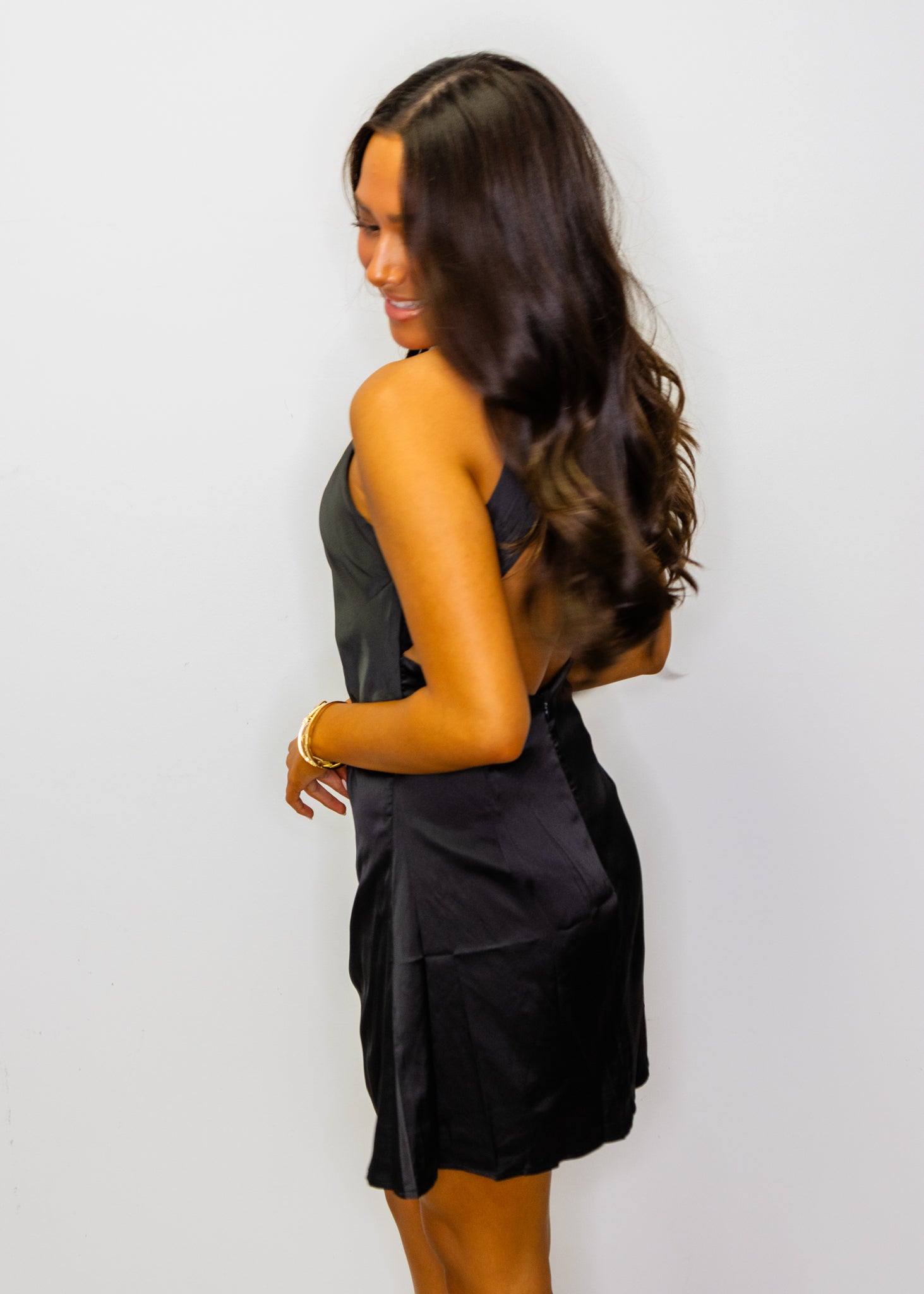 Black Solid Open Back Halter Dress