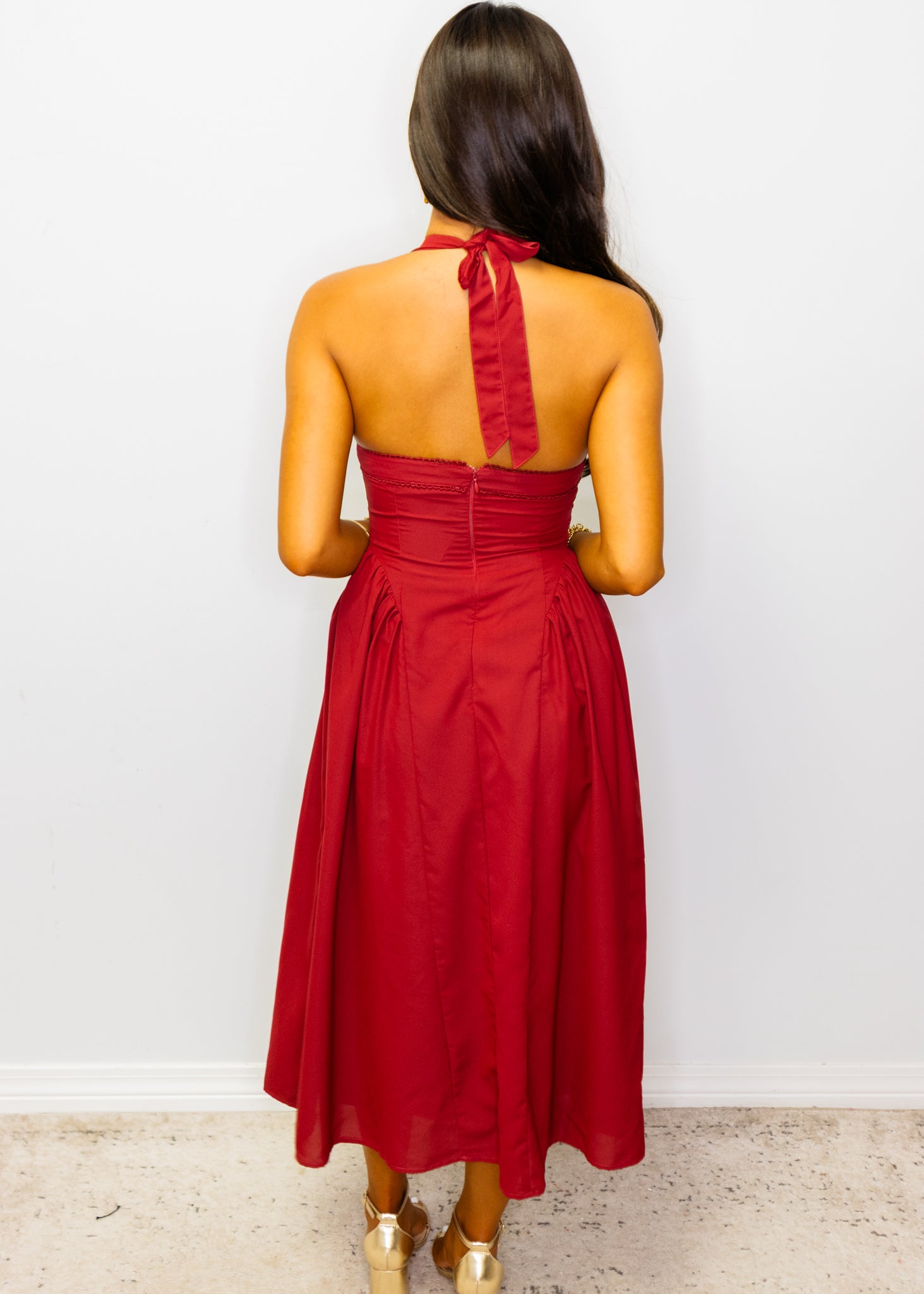 Burgundy Halter Neck Midi Dress