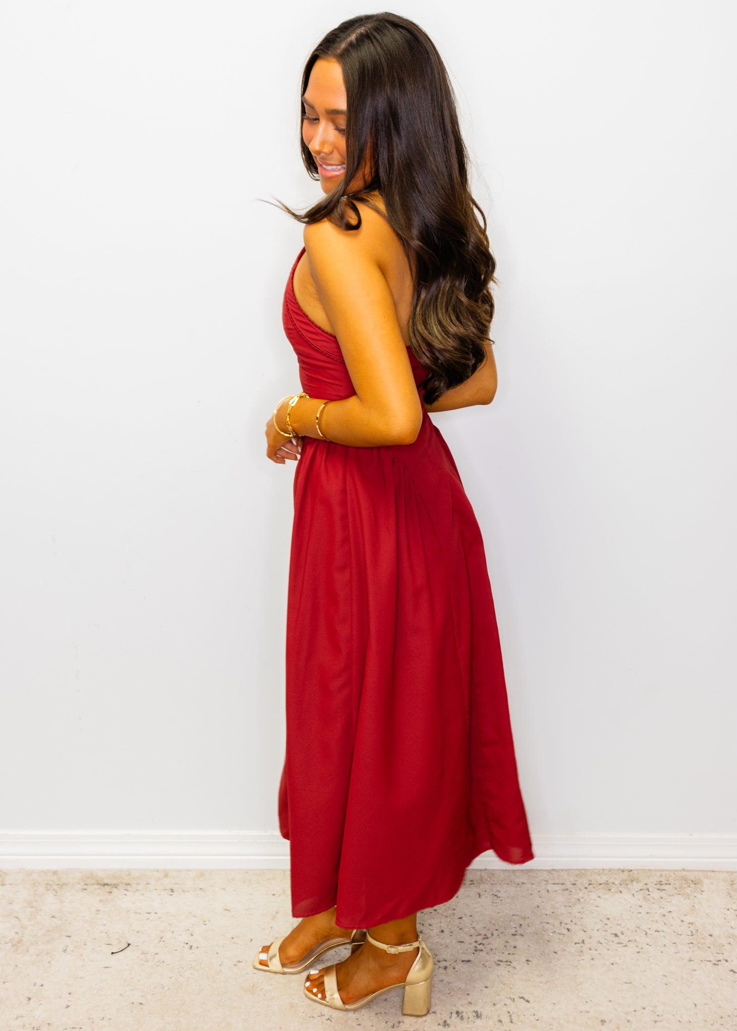 Burgundy Halter Neck Midi Dress