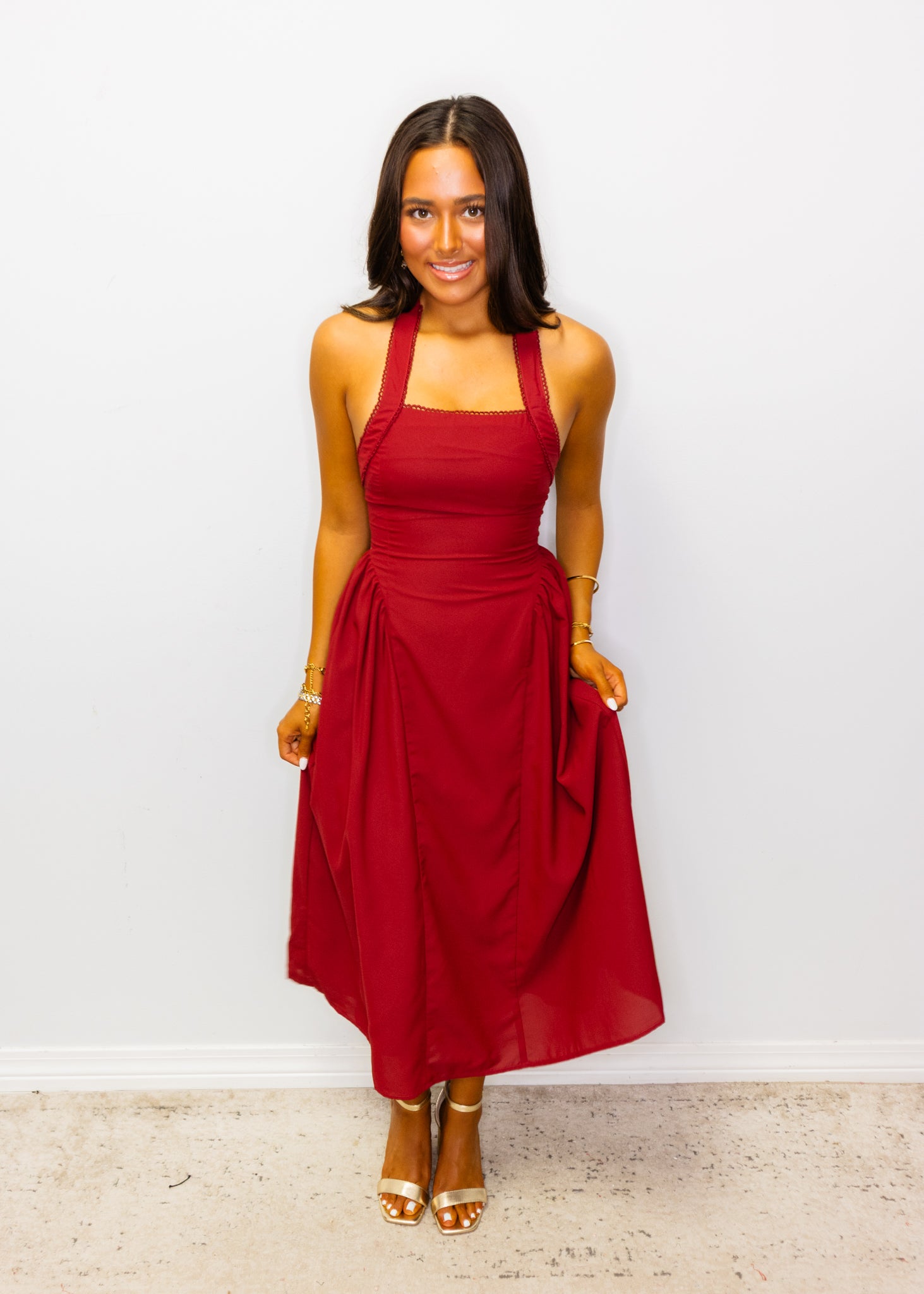 Burgundy Halter Neck Midi Dress