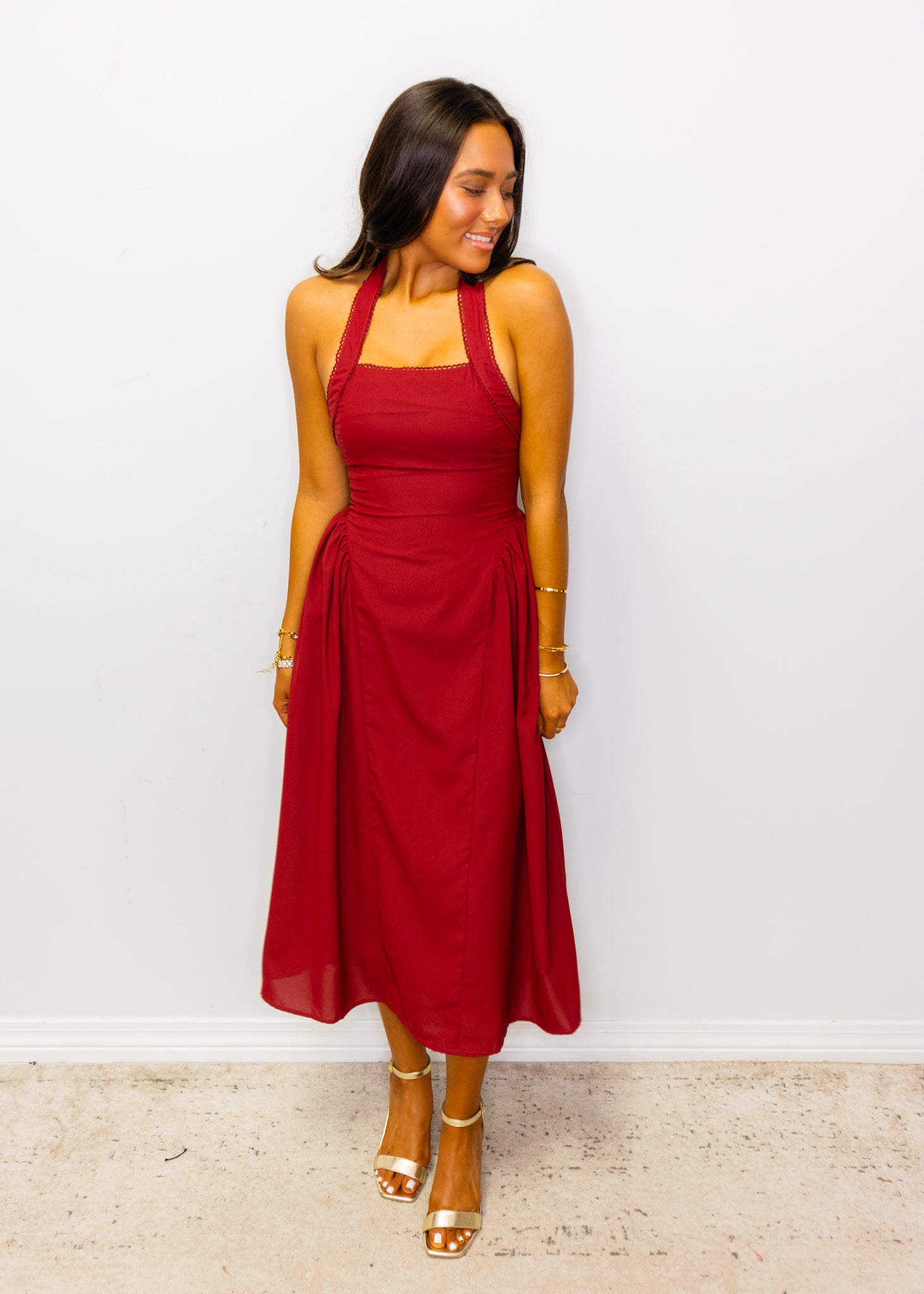 Burgundy Halter Neck Midi Dress