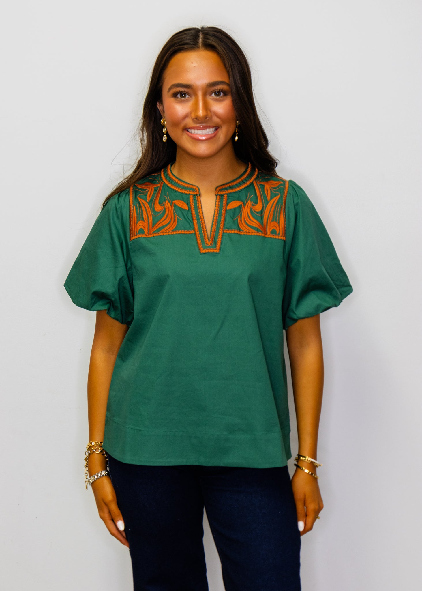 Hunter Green Puff Sleeves Embroidered Woven Top