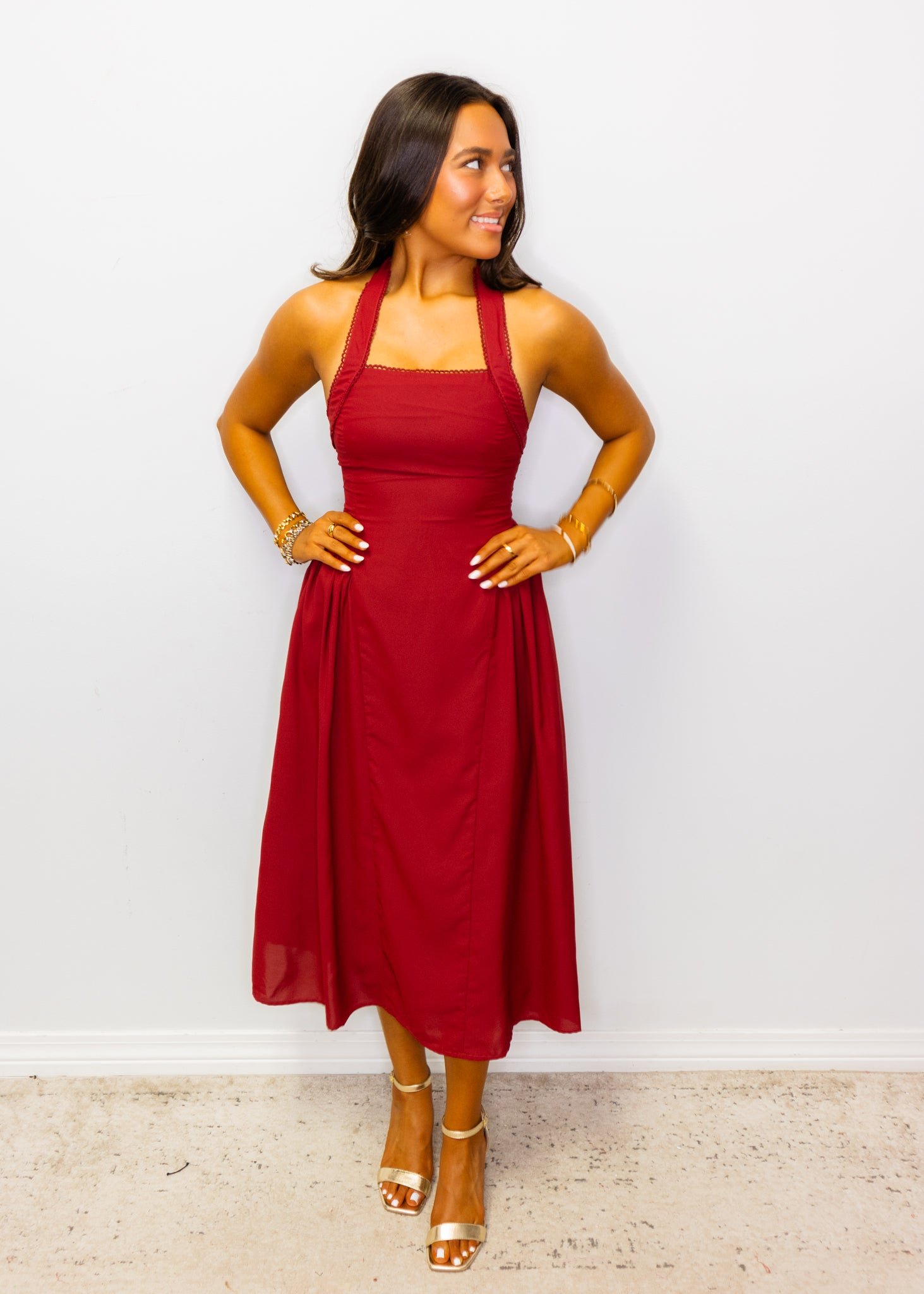 Burgundy Halter Neck Midi Dress