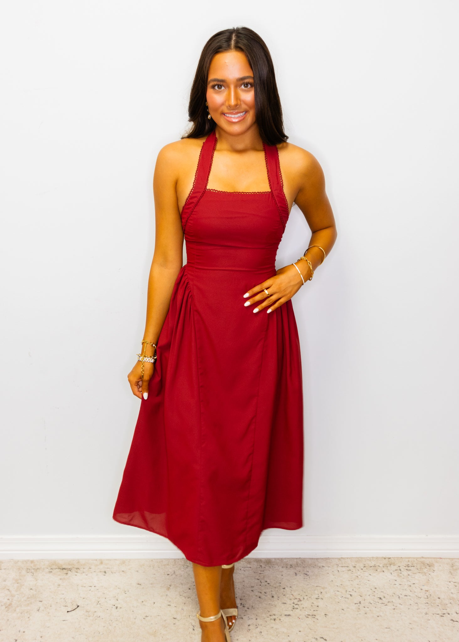 Burgundy Halter Neck Midi Dress