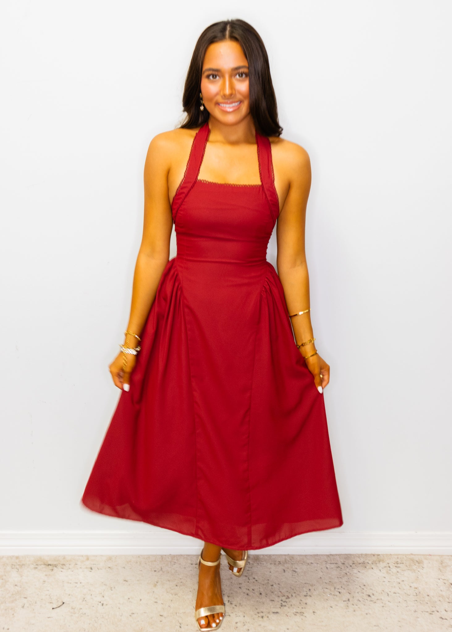 Burgundy Halter Neck Midi Dress