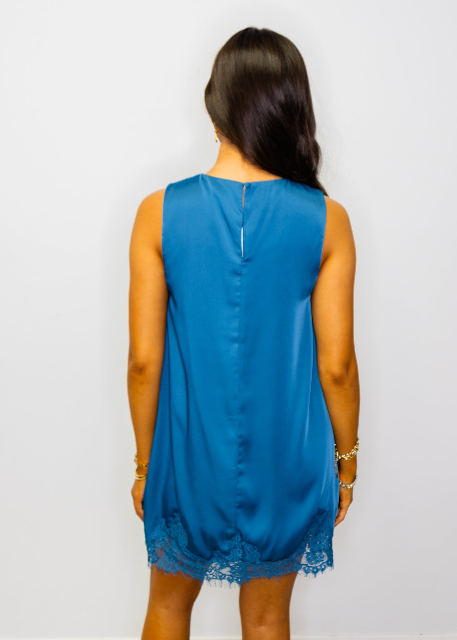 Teal Satin Lace Detail Mini Dress