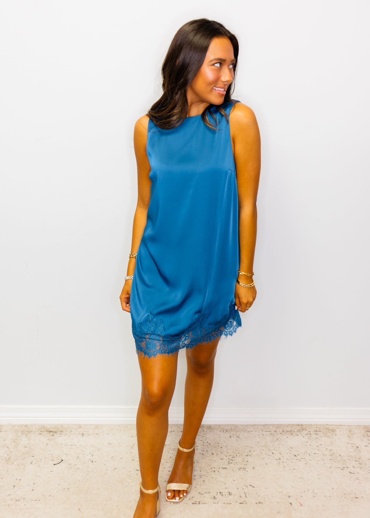 Teal Satin Lace Detail Mini Dress
