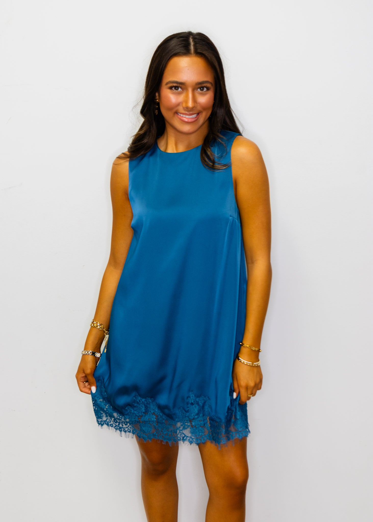 Teal Satin Lace Detail Mini Dress