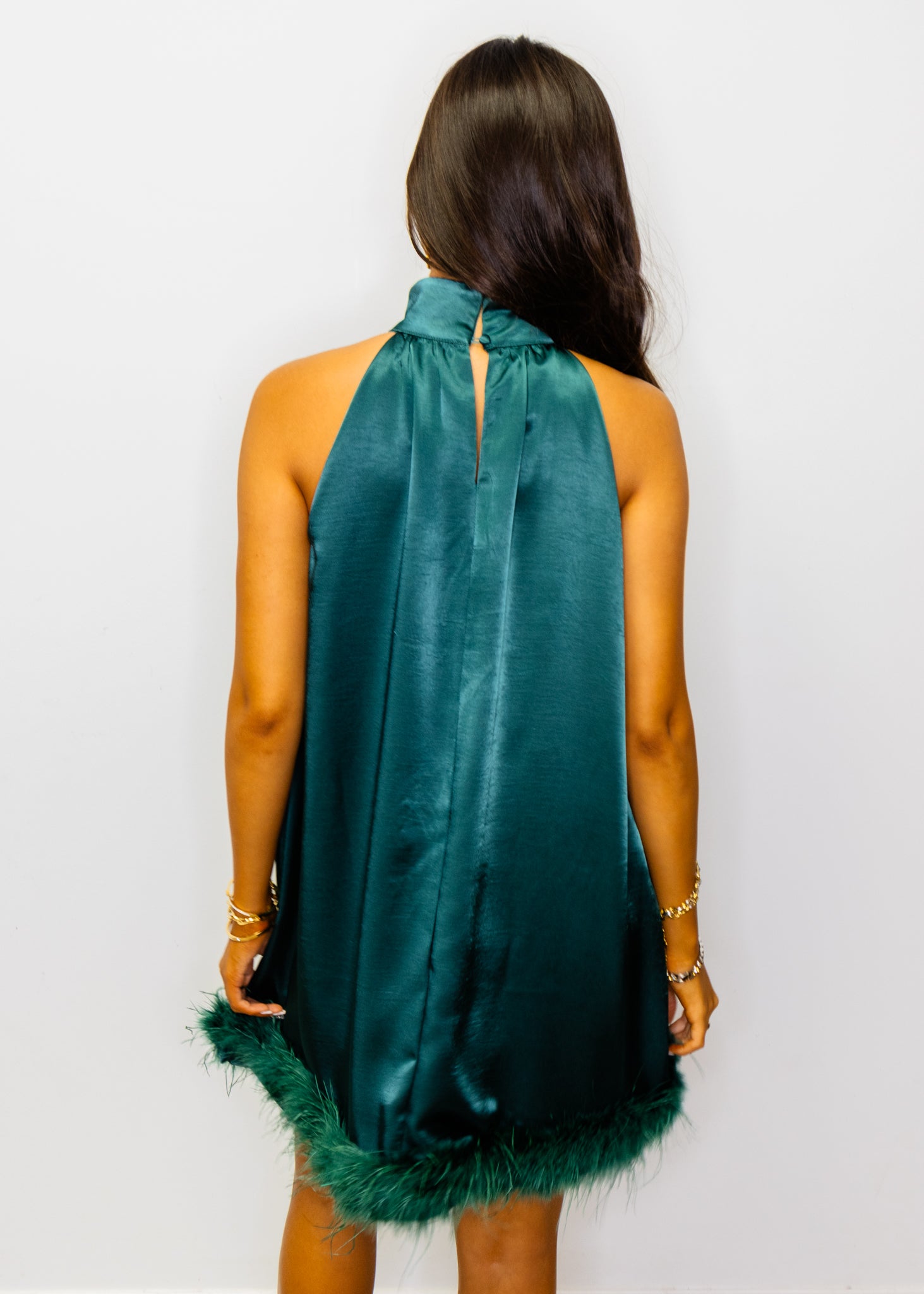 Hunter Green Satin Feather Trim Dress