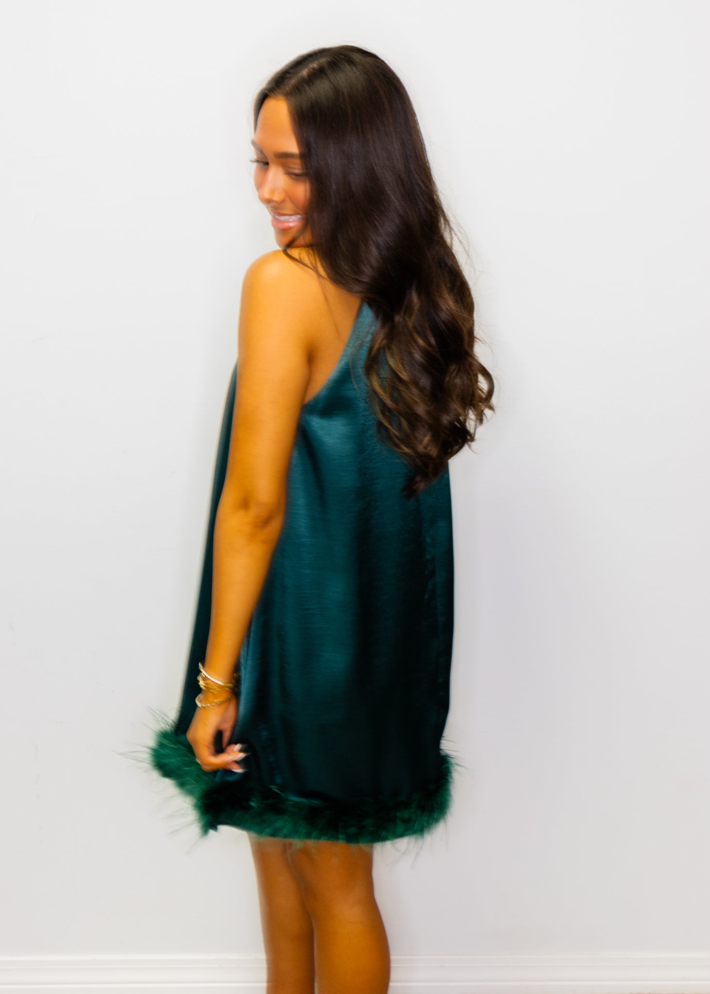 Hunter Green Satin Feather Trim Dress