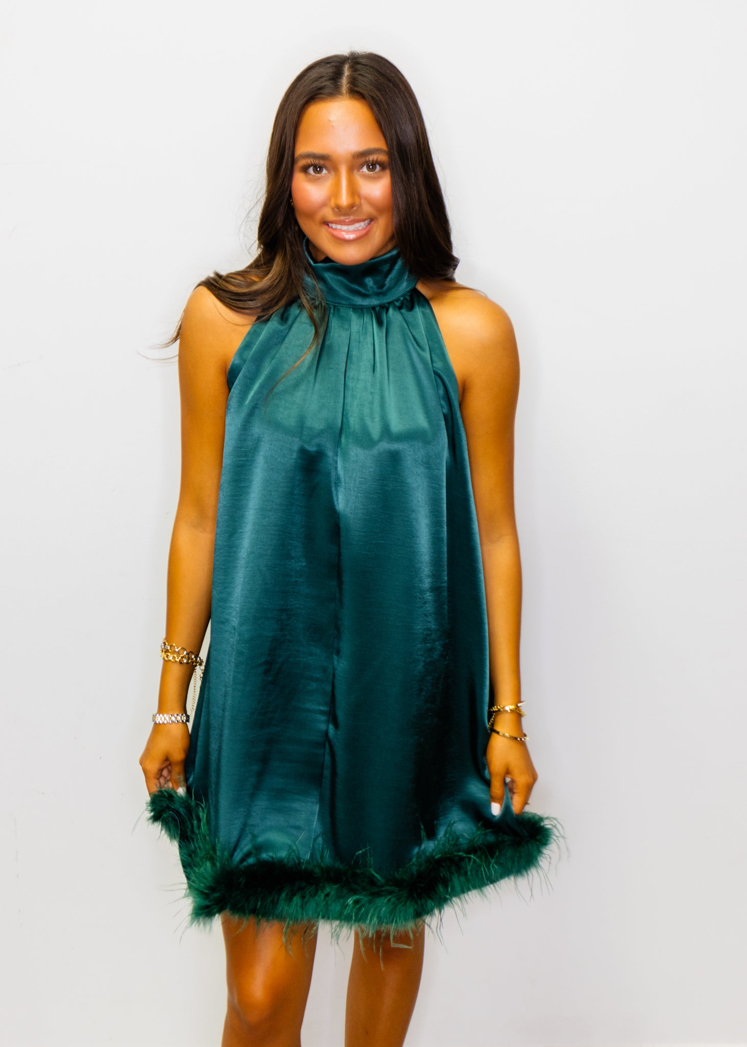 Hunter Green Satin Feather Trim Dress